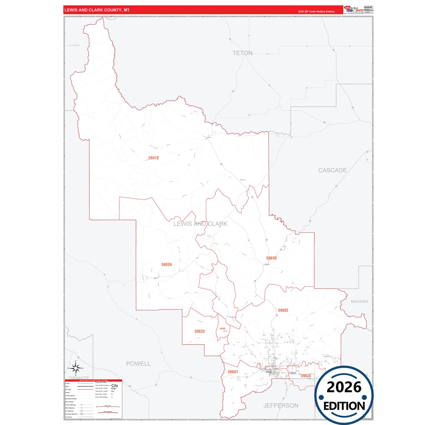 Lewis And Clark County, MT Red Line 5 Digit ZIP Code Wall Map