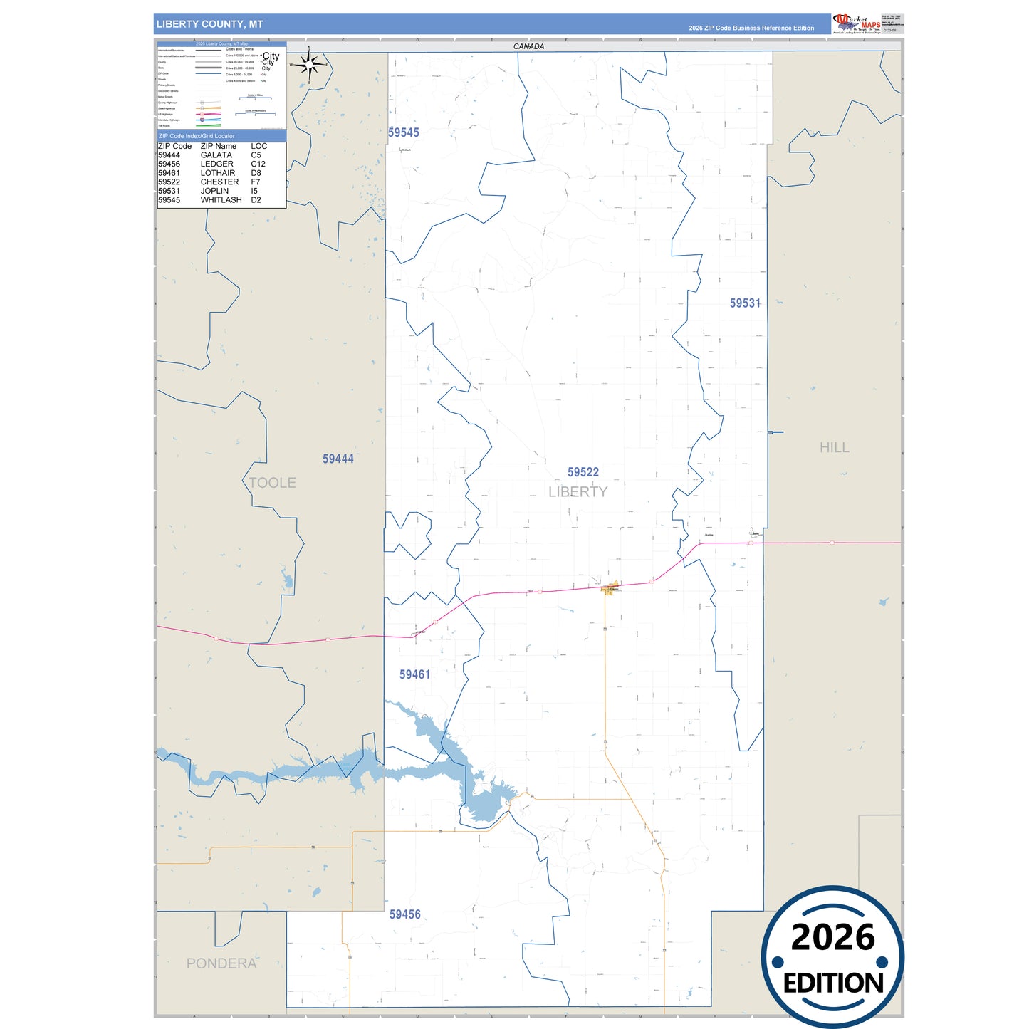 Liberty County, MT Business Reference 5 Digit ZIP Code Wall Map