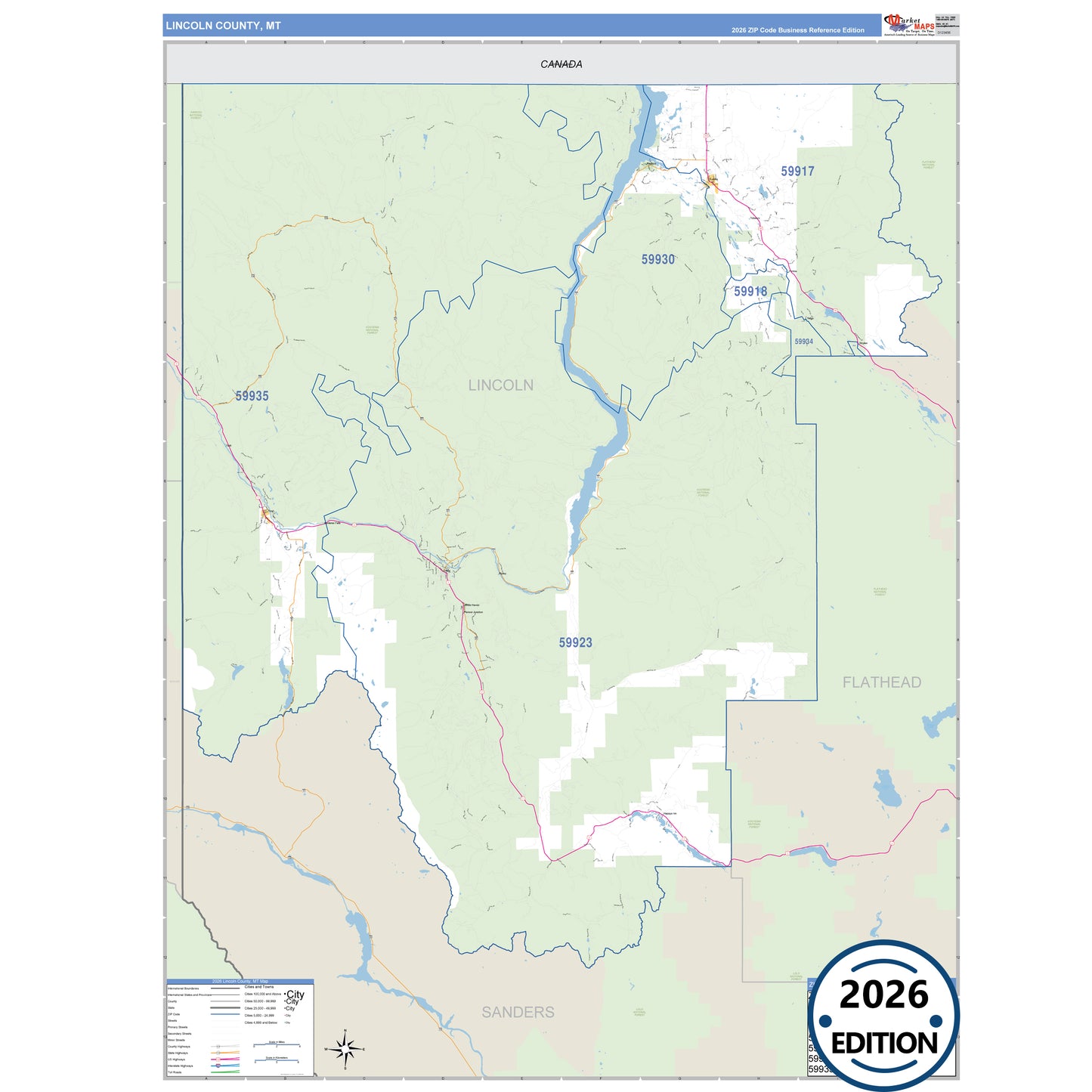 Lincoln County, MT Business Reference 5 Digit ZIP Code Wall Map