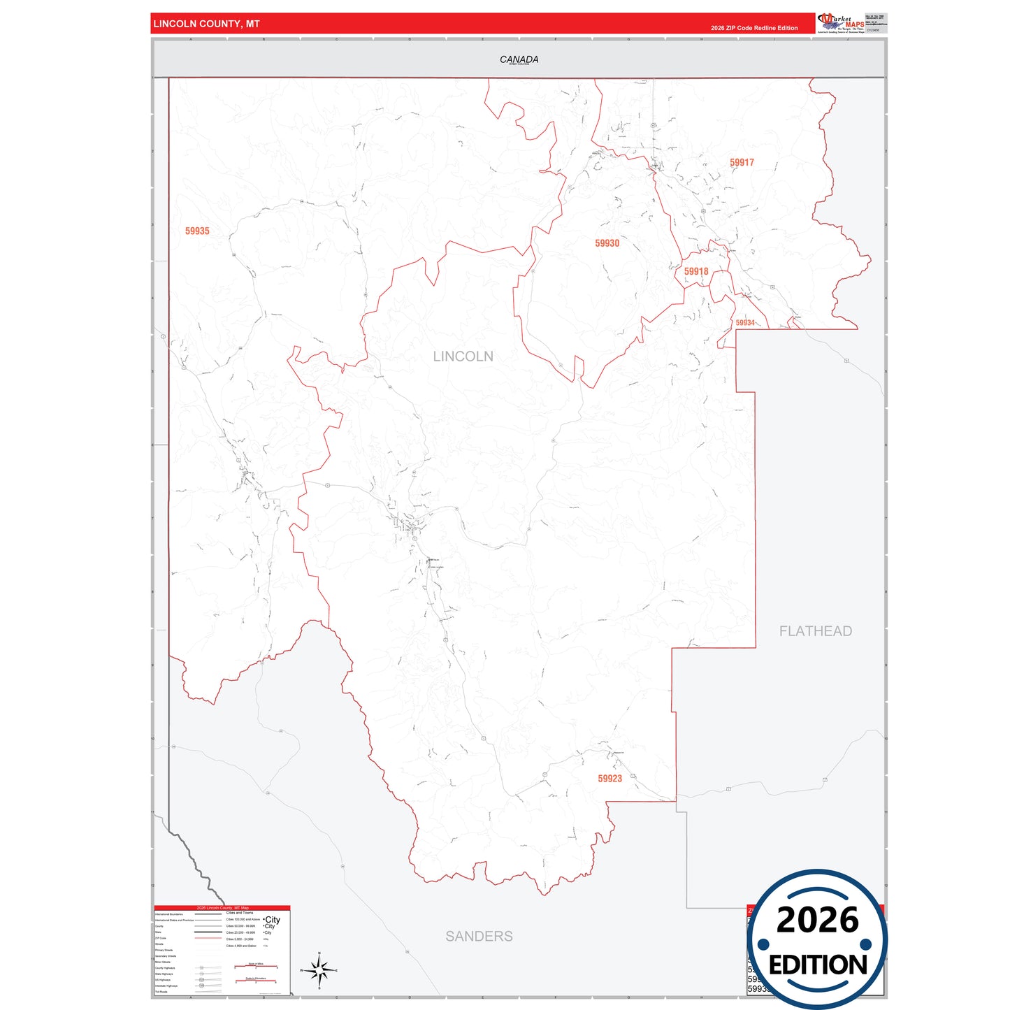 Lincoln County, MT Red Line 5 Digit ZIP Code Wall Map