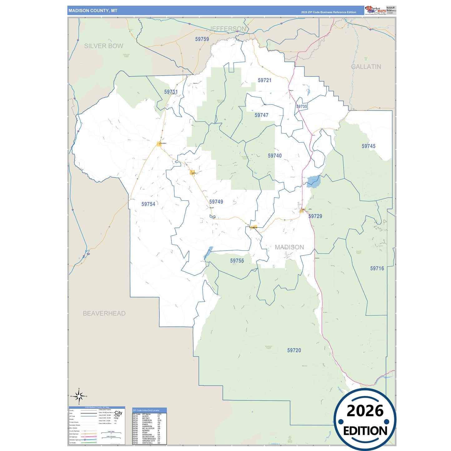 Madison County, MT Business Reference 5 Digit ZIP Code Wall Map