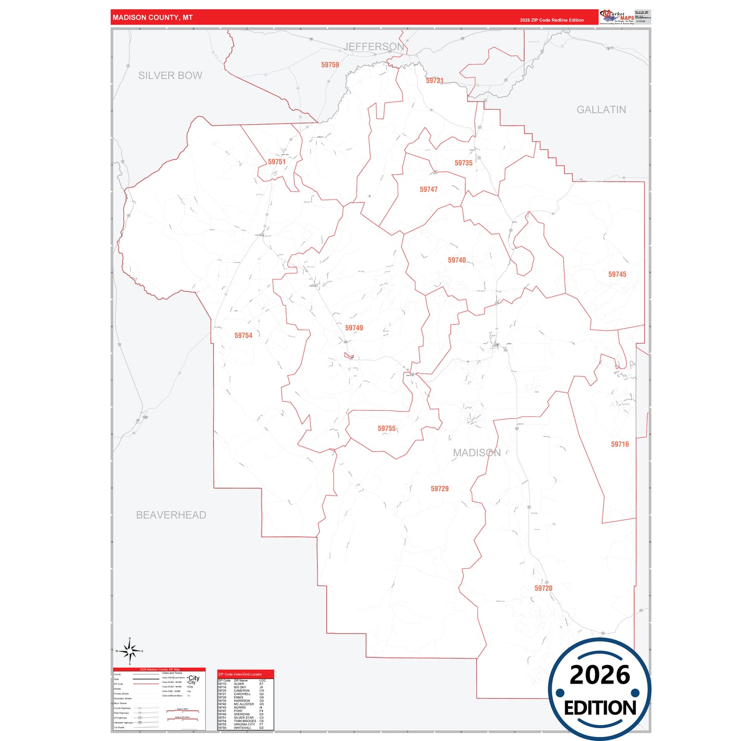 Madison County, MT Red Line 5 Digit ZIP Code Wall Map