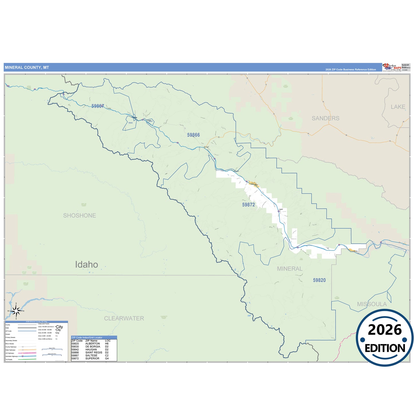 Mineral County, MT Business Reference 5 Digit ZIP Code Wall Map