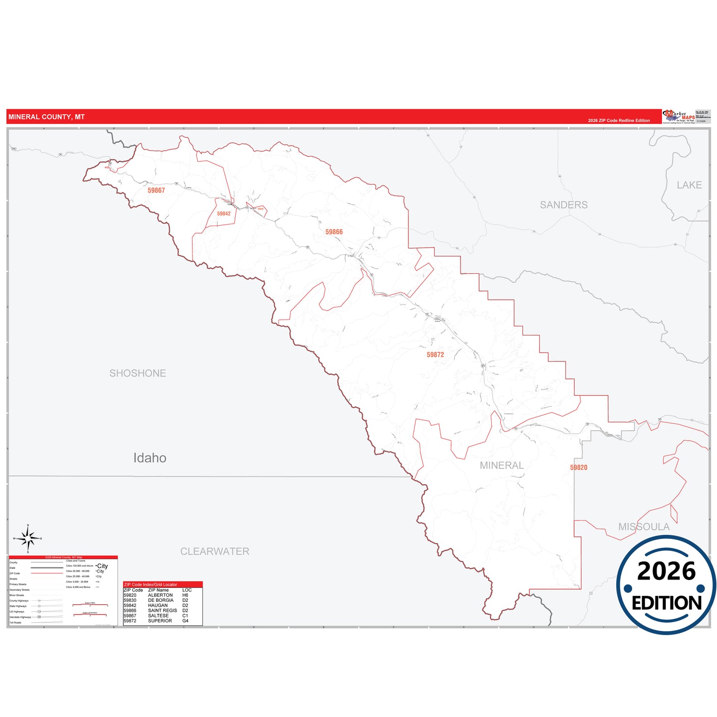 Mineral County, MT Red Line 5 Digit ZIP Code Wall Map
