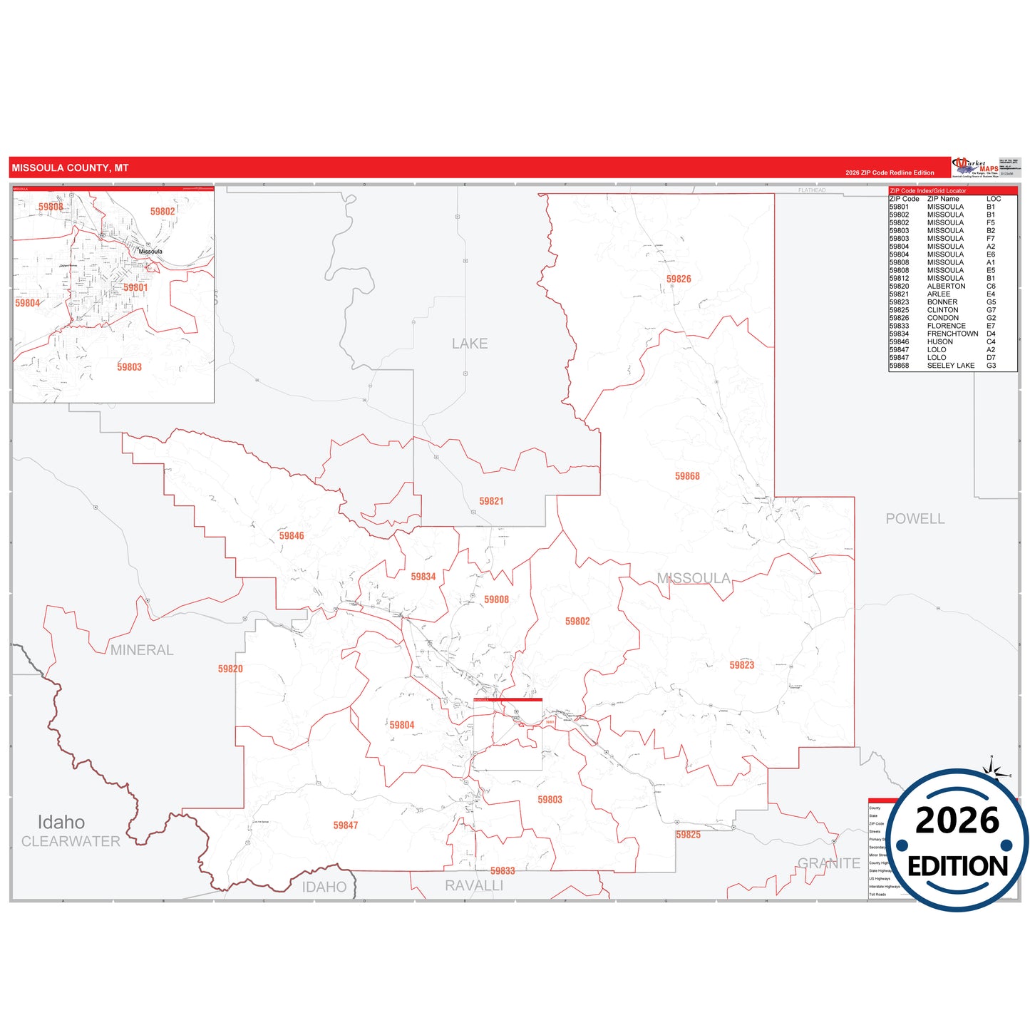 Missoula County, MT Red Line 5 Digit ZIP Code Wall Map