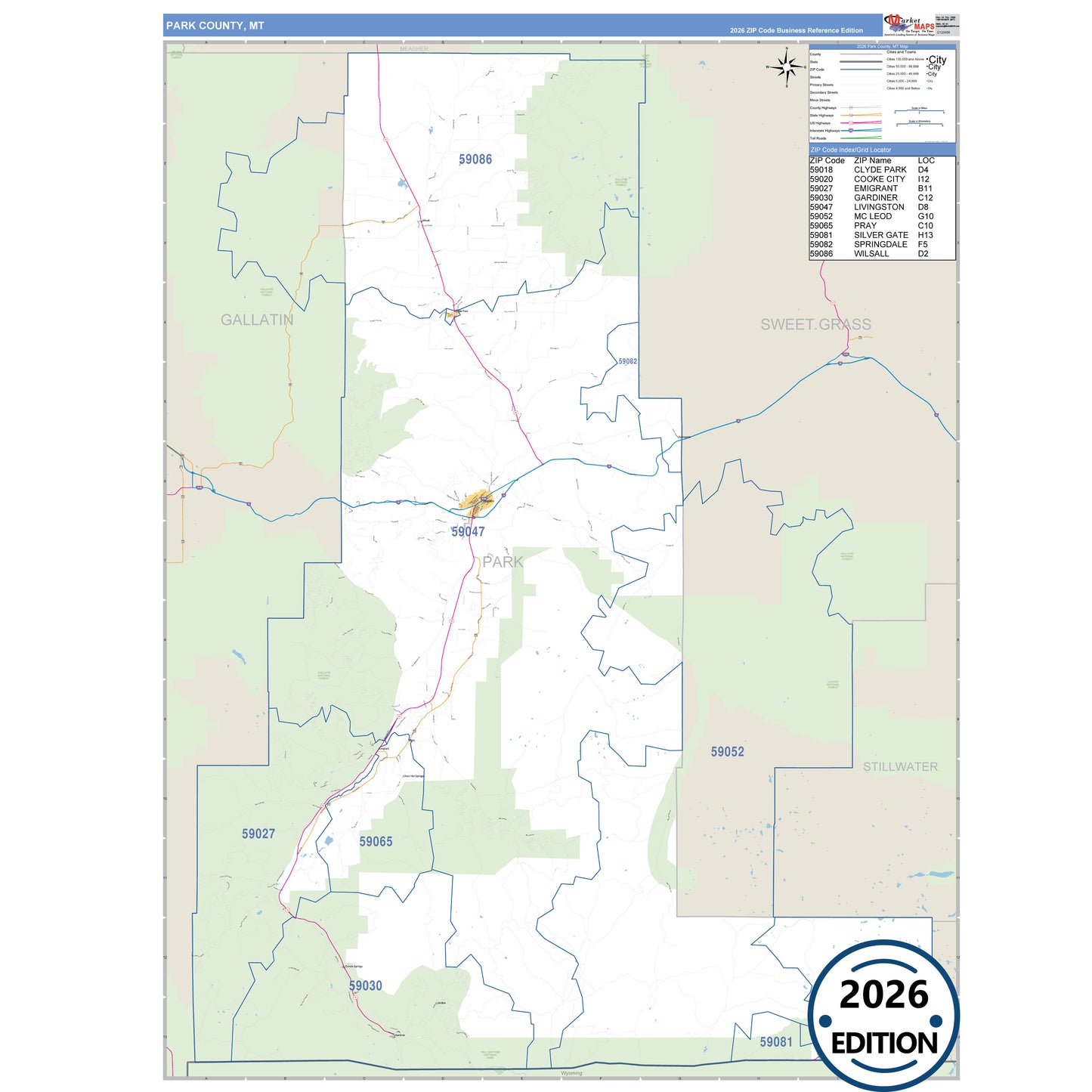 Park County, MT Business Reference 5 Digit ZIP Code Wall Map