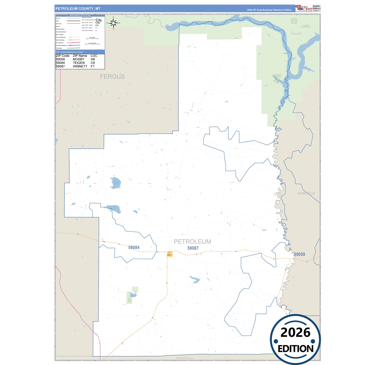Petroleum County, MT Business Reference 5 Digit ZIP Code Wall Map