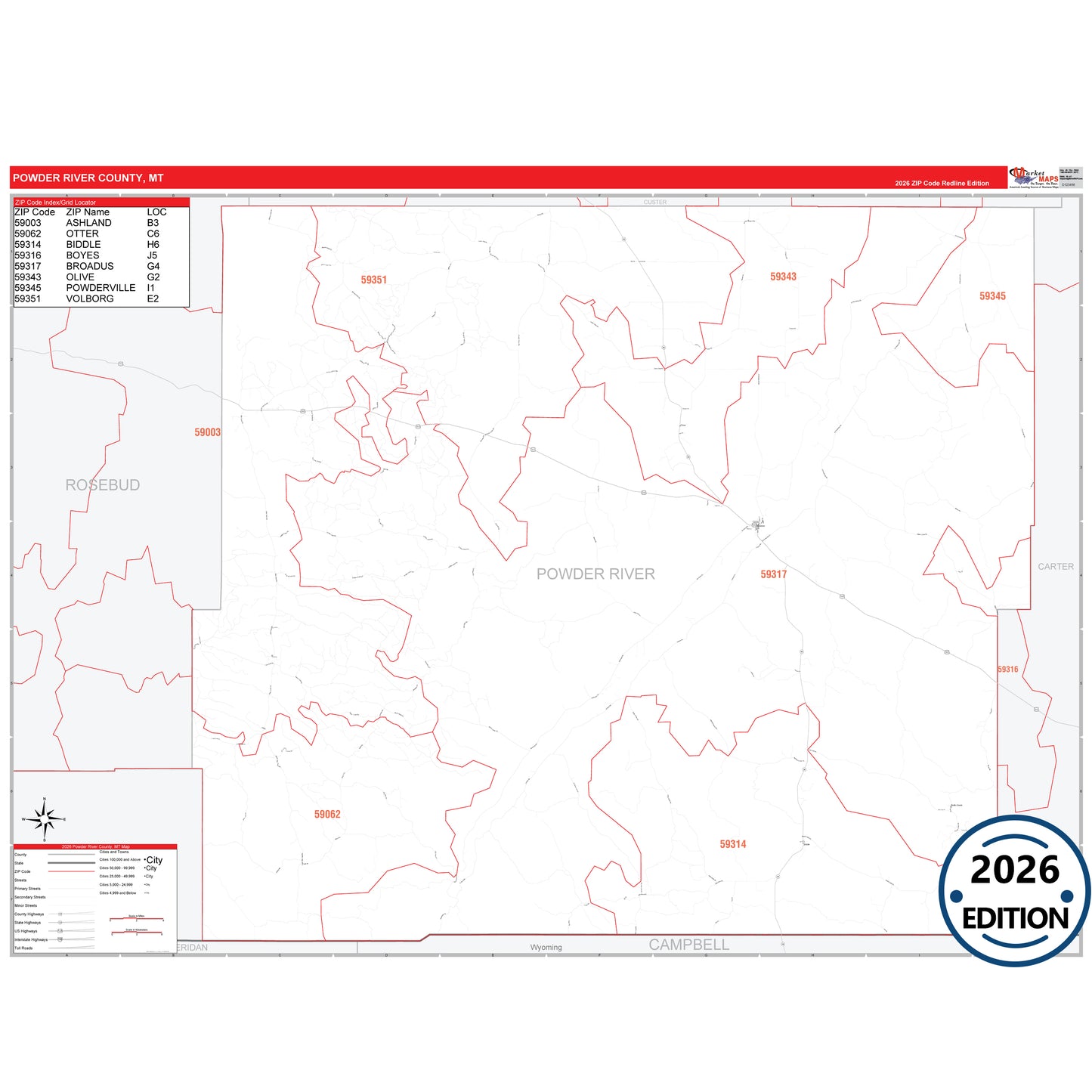 Powder River County, MT Red Line 5 Digit ZIP Code Wall Map