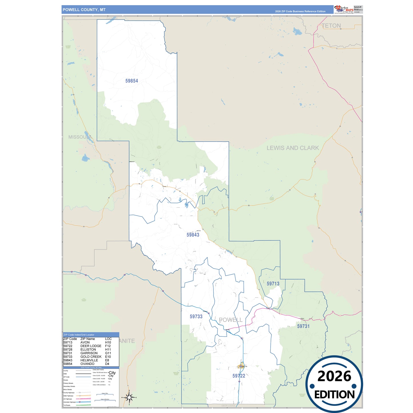 Powell County, MT Business Reference 5 Digit ZIP Code Wall Map