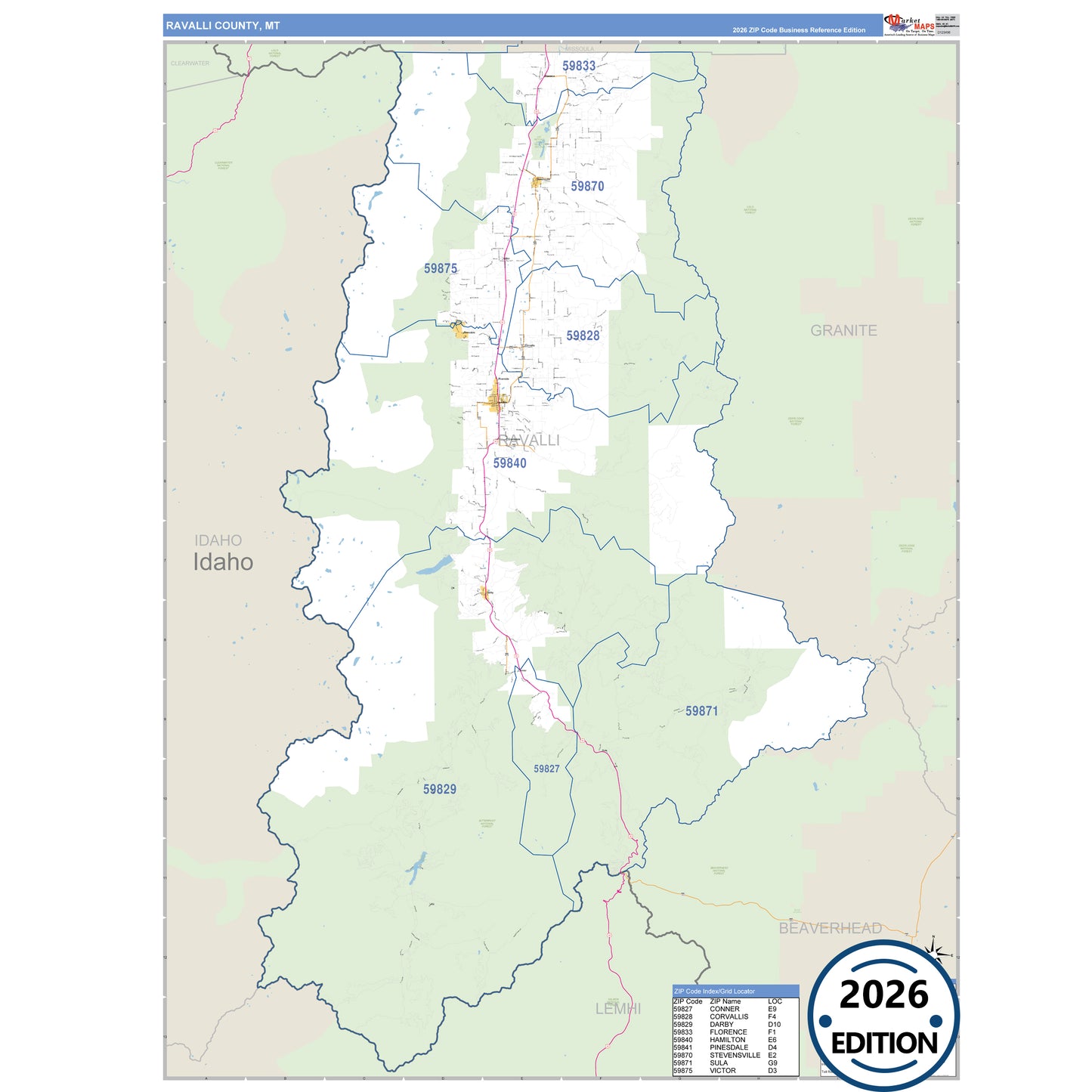 Ravalli County, MT Business Reference 5 Digit ZIP Code Wall Map