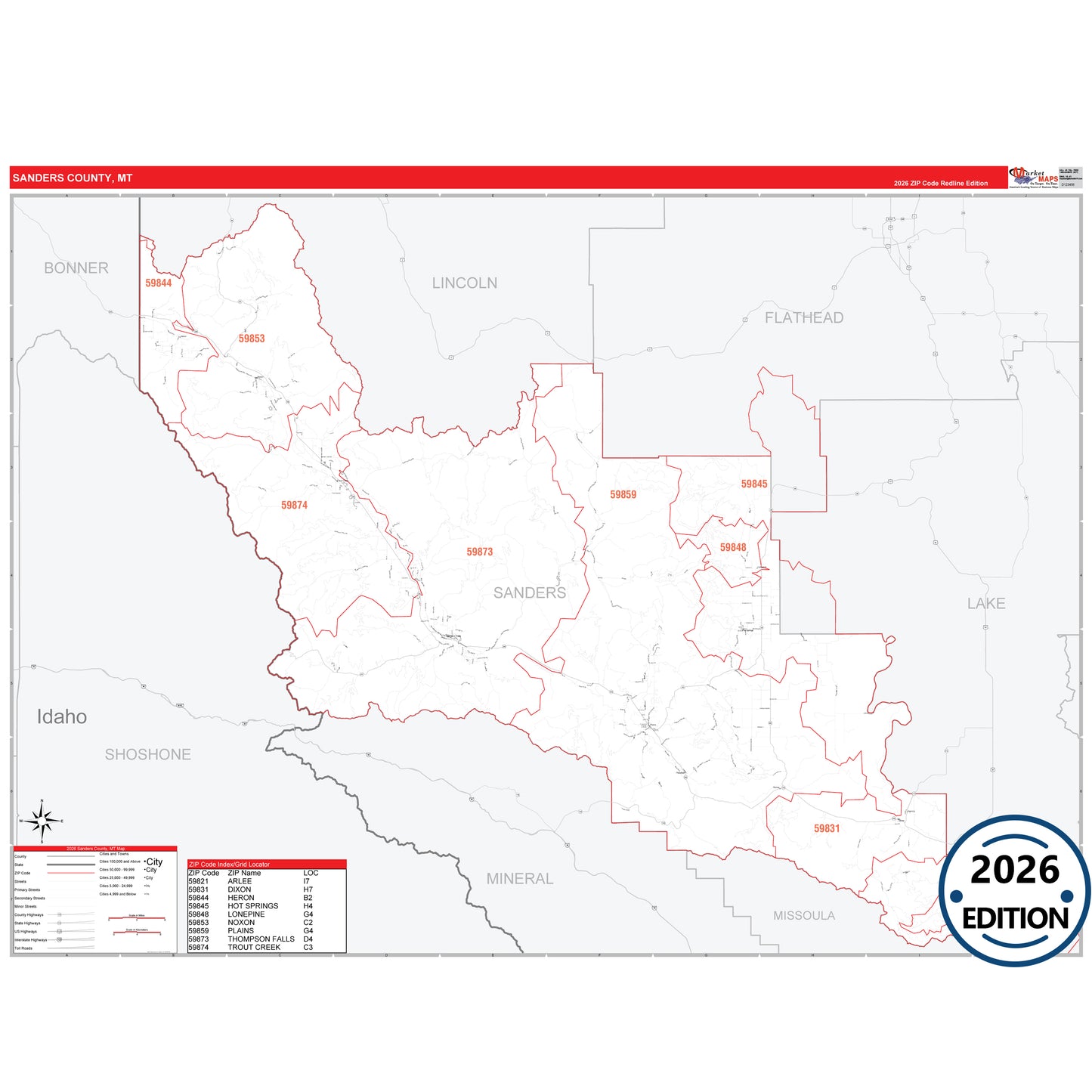 Sanders County, MT Red Line 5 Digit ZIP Code Wall Map