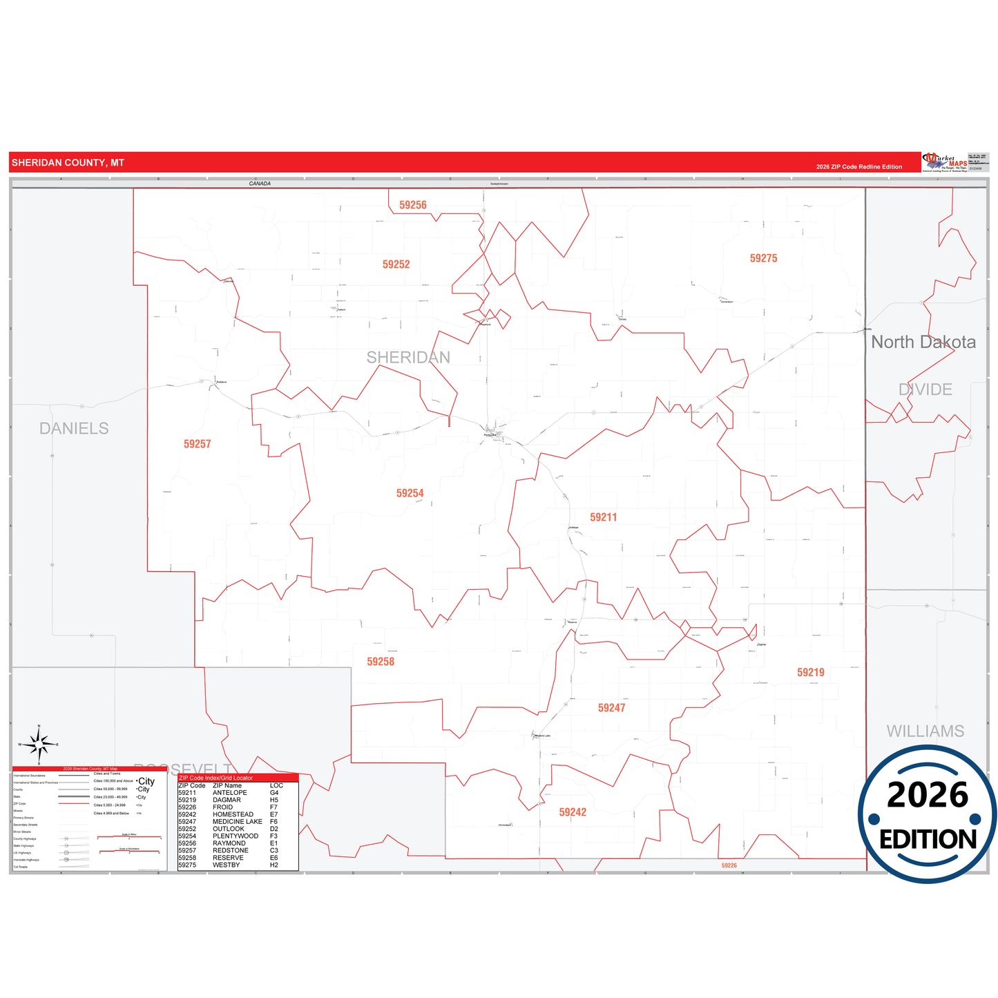 Sheridan County, MT Red Line 5 Digit ZIP Code Wall Map