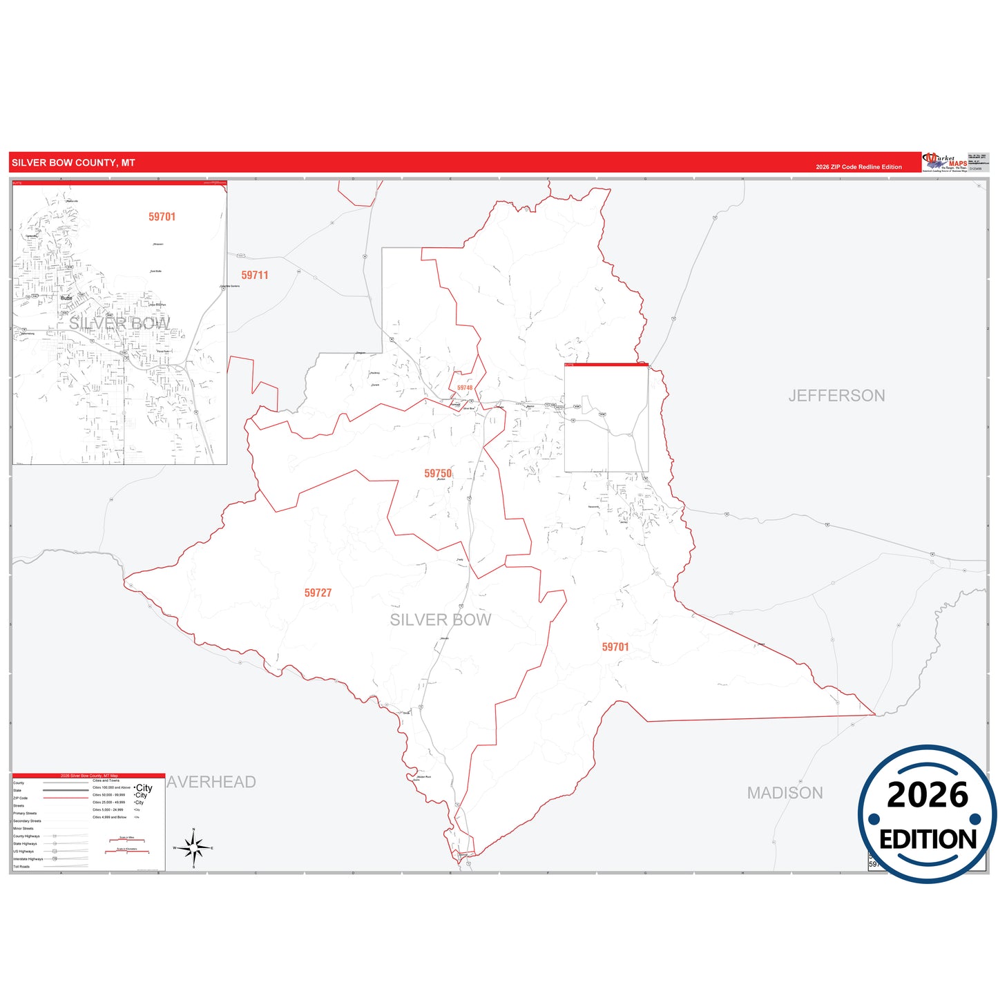 Silver Bow County, MT Red Line 5 Digit ZIP Code Wall Map