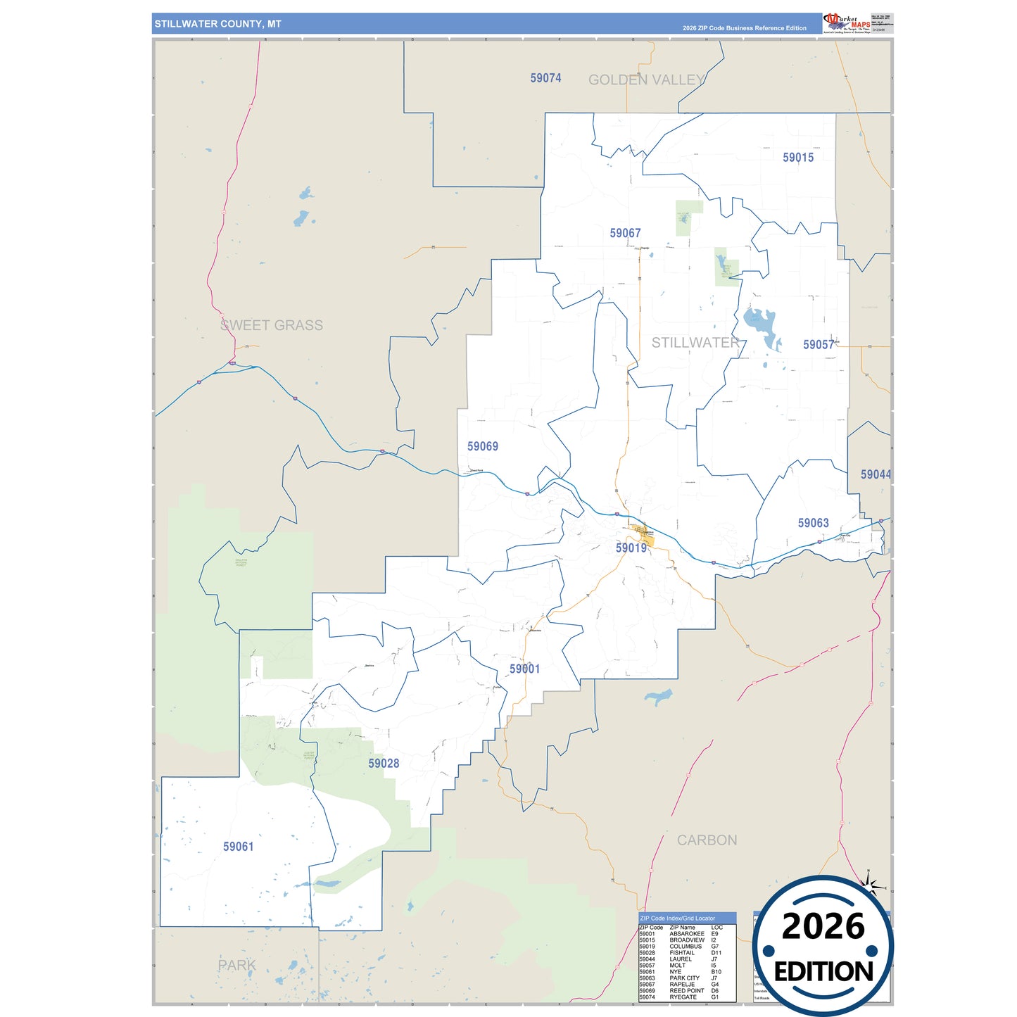 Stillwater County, MT Business Reference 5 Digit ZIP Code Wall Map