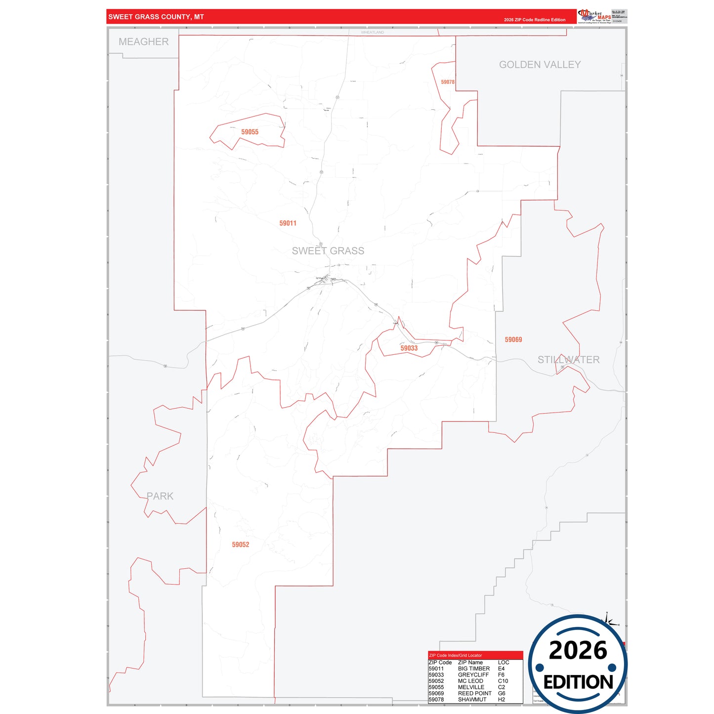 Sweet Grass County, MT Red Line 5 Digit ZIP Code Wall Map