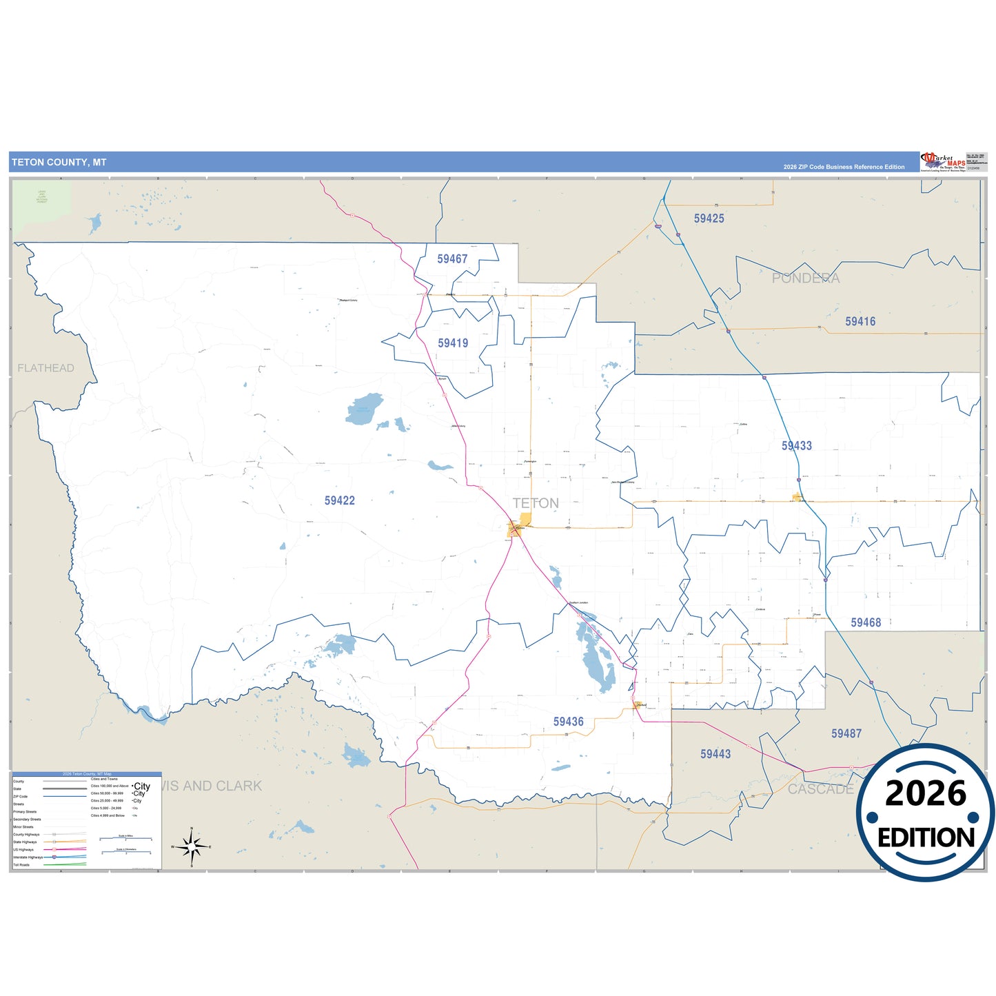 Teton County, MT Business Reference 5 Digit ZIP Code Wall Map