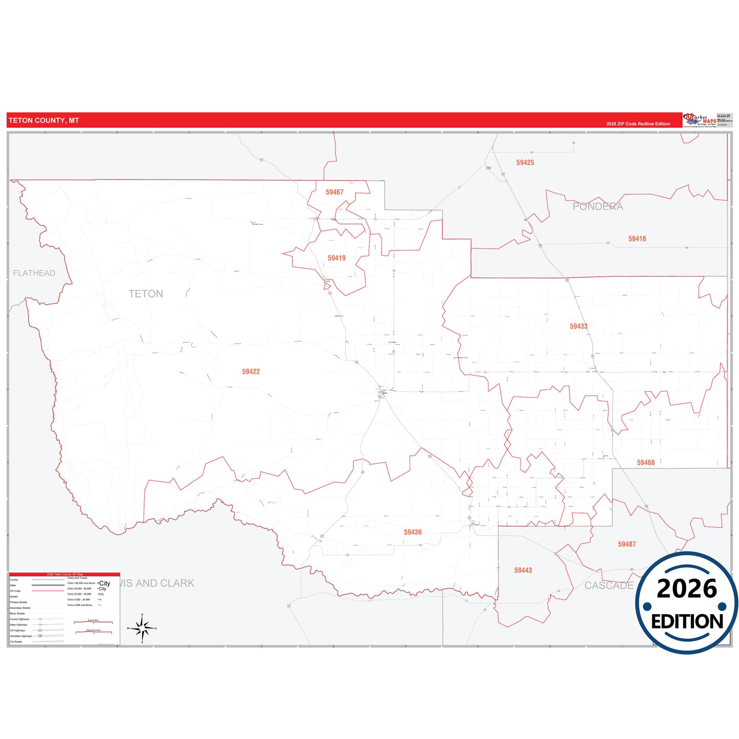 Teton County, MT Red Line 5 Digit ZIP Code Wall Map