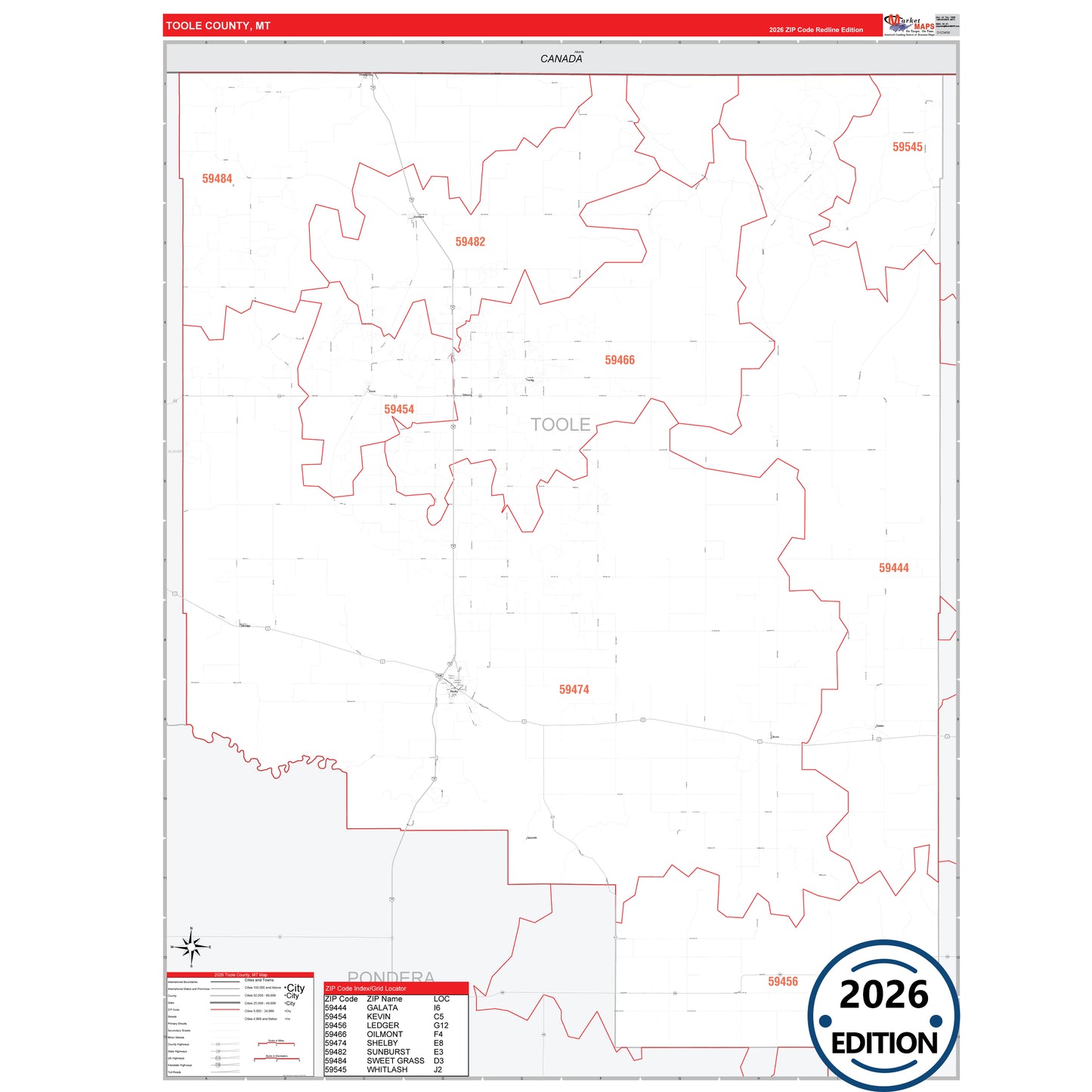 Toole County, MT Red Line 5 Digit ZIP Code Wall Map