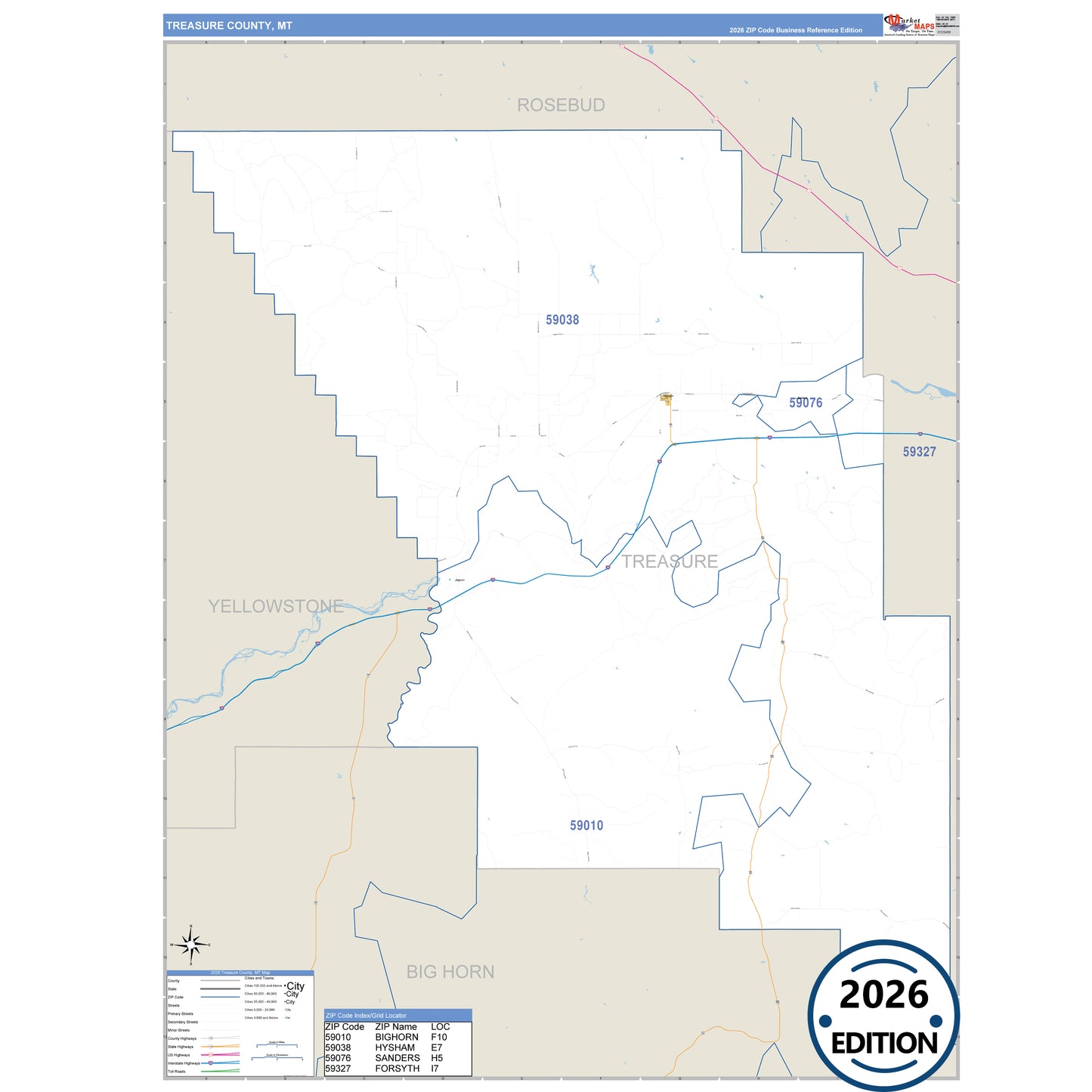 Treasure County, MT Business Reference 5 Digit ZIP Code Wall Map