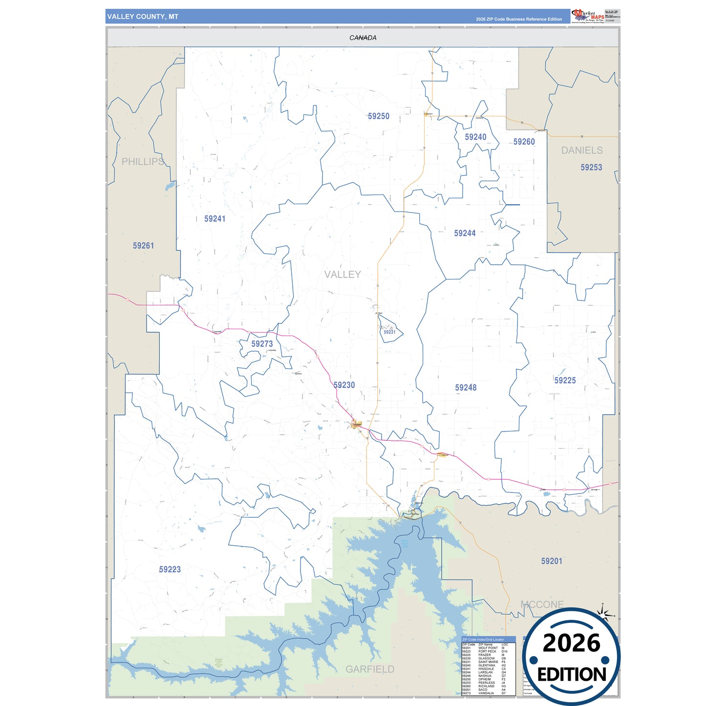 Valley County, MT Business Reference map with detailed roads, cities, and ZIP code boundaries.