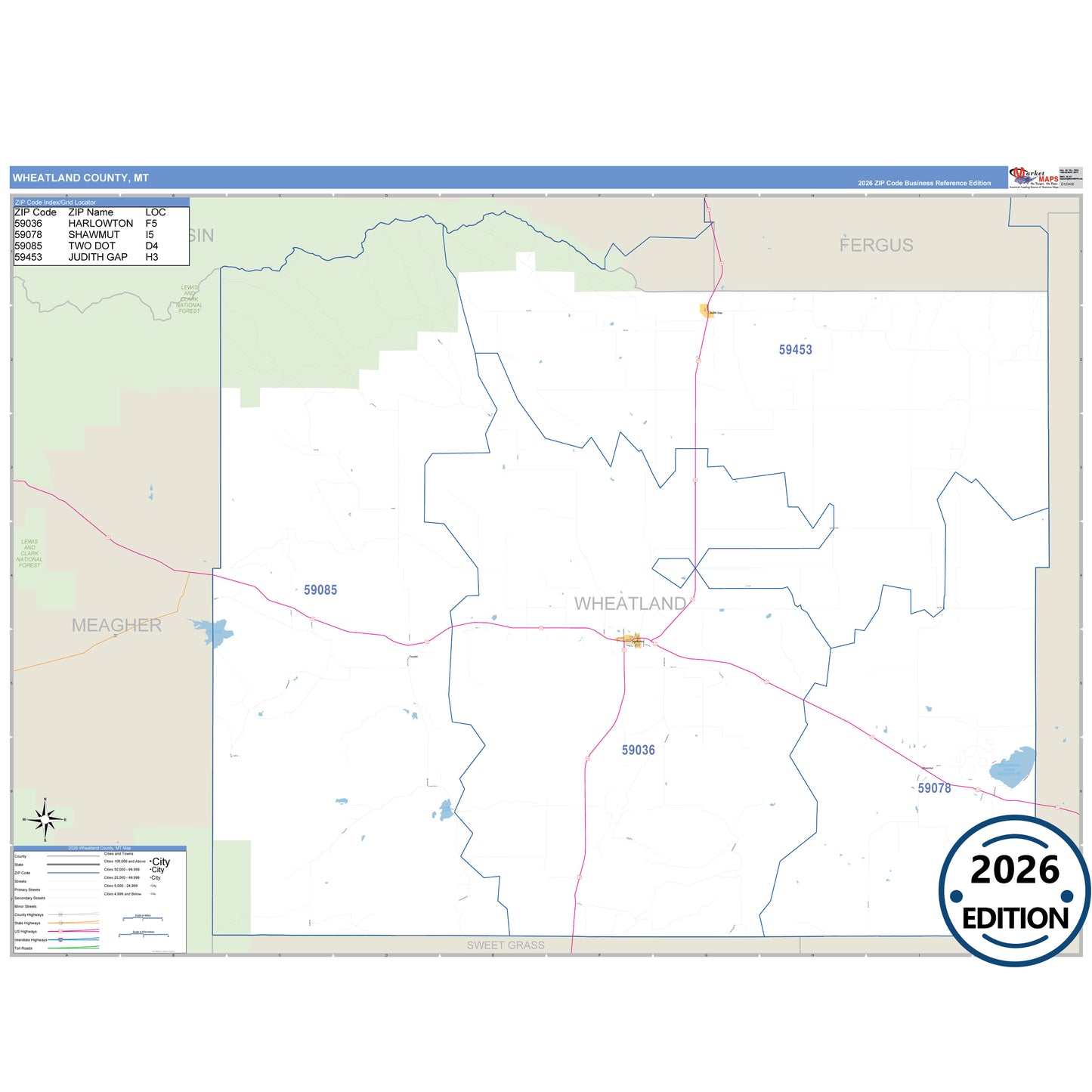 Wheatland County, MT Business Reference 5 Digit ZIP Code Wall Map