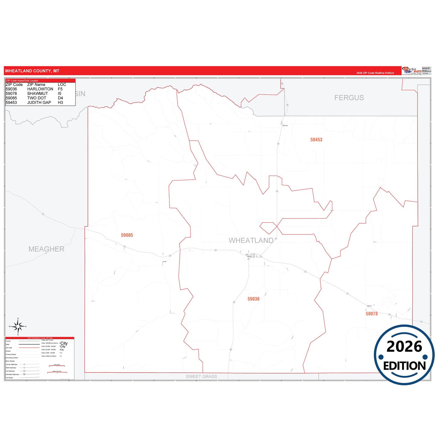 Wheatland County, MT Red Line 5 Digit ZIP Code Wall Map