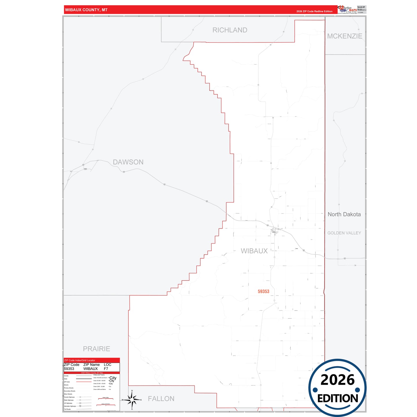 Wibaux County, MT Red Line 5 Digit ZIP Code Wall Map