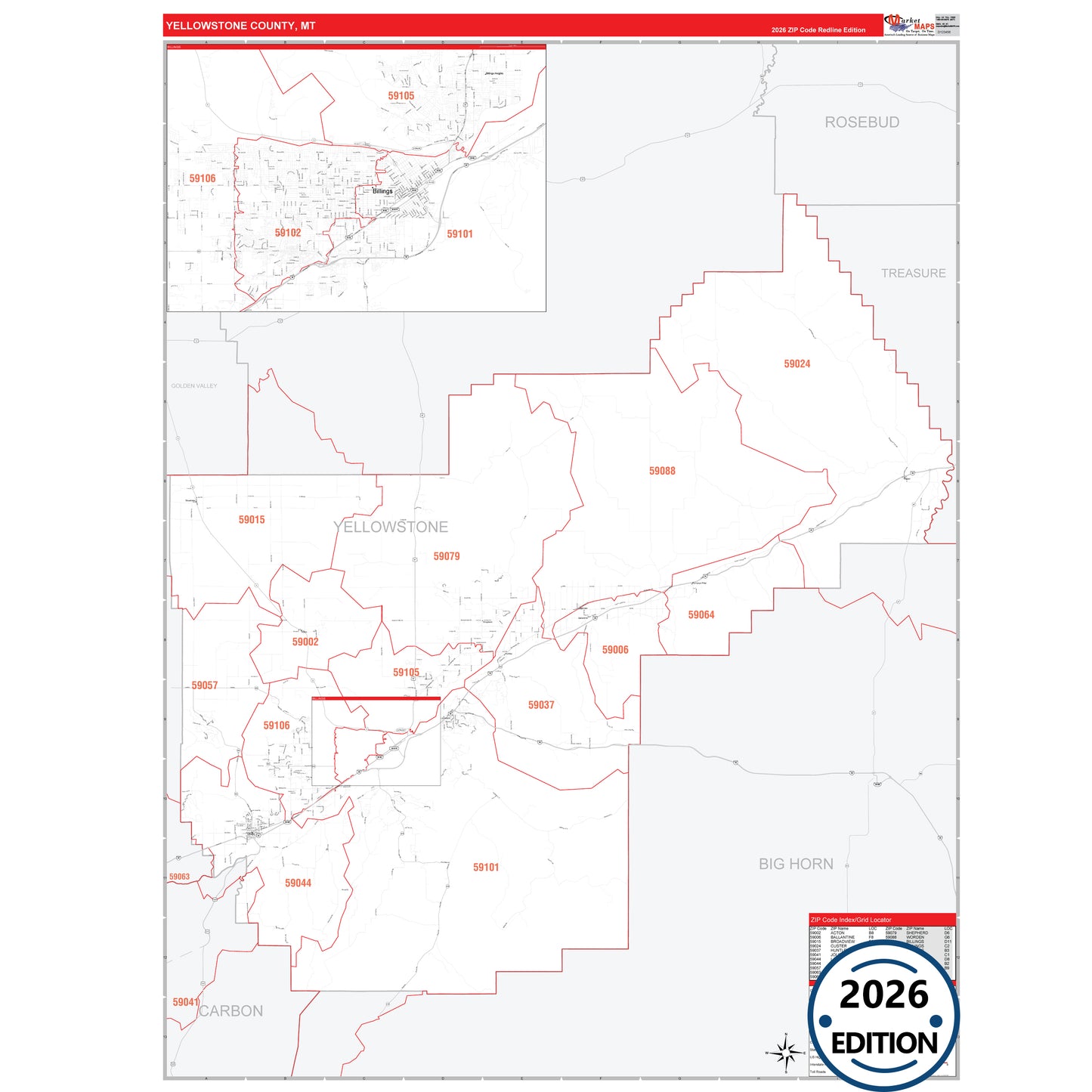 Yellowstone County, MT Red Line 5 Digit ZIP Code Wall Map