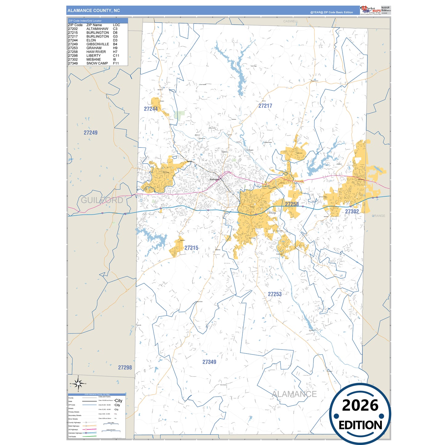 Alamance County, NC Business Reference 5 Digit ZIP Code Wall Map