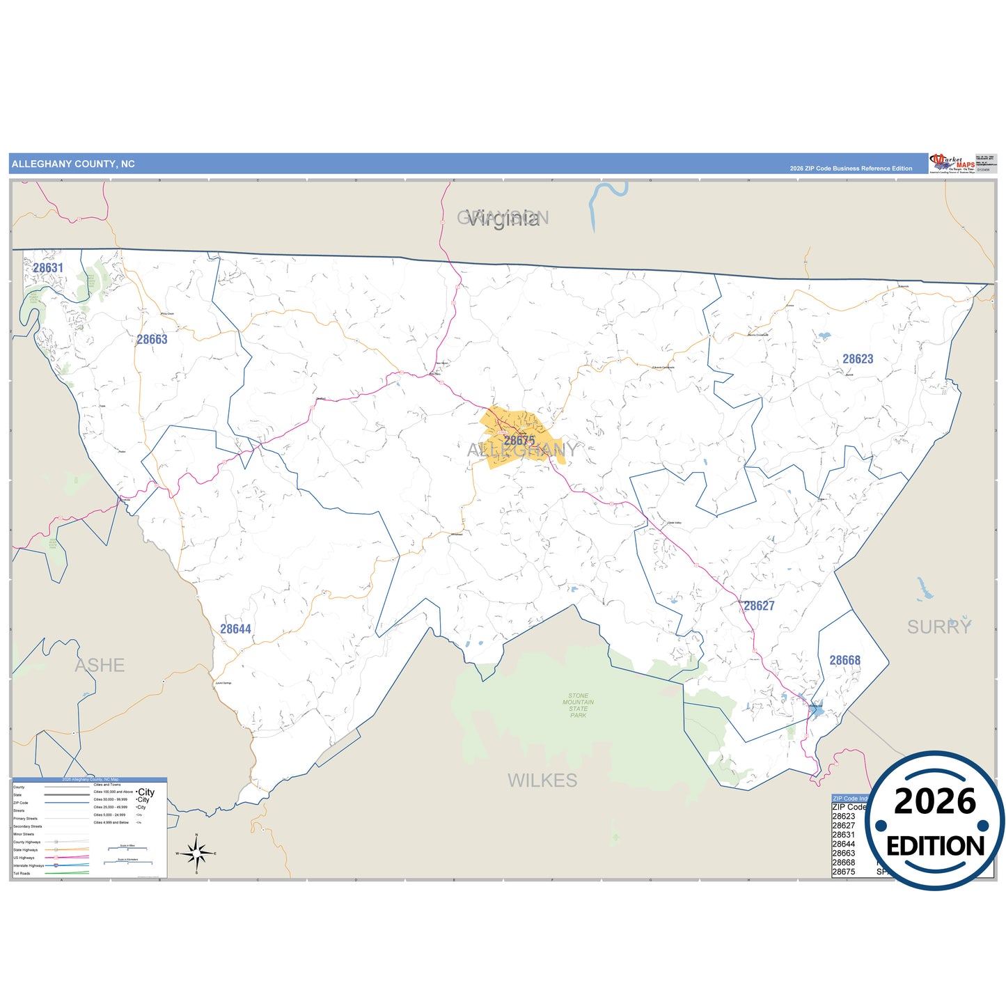 Alleghany County, NC Business Reference 5 Digit ZIP Code Wall Map