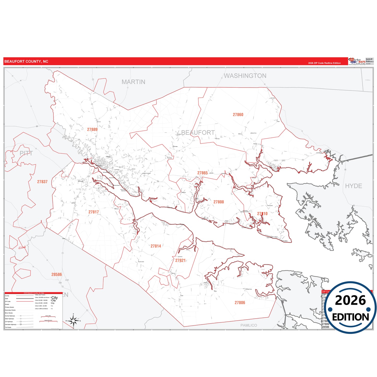 Beaufort County, NC Red Line 5 Digit ZIP Code Wall Map