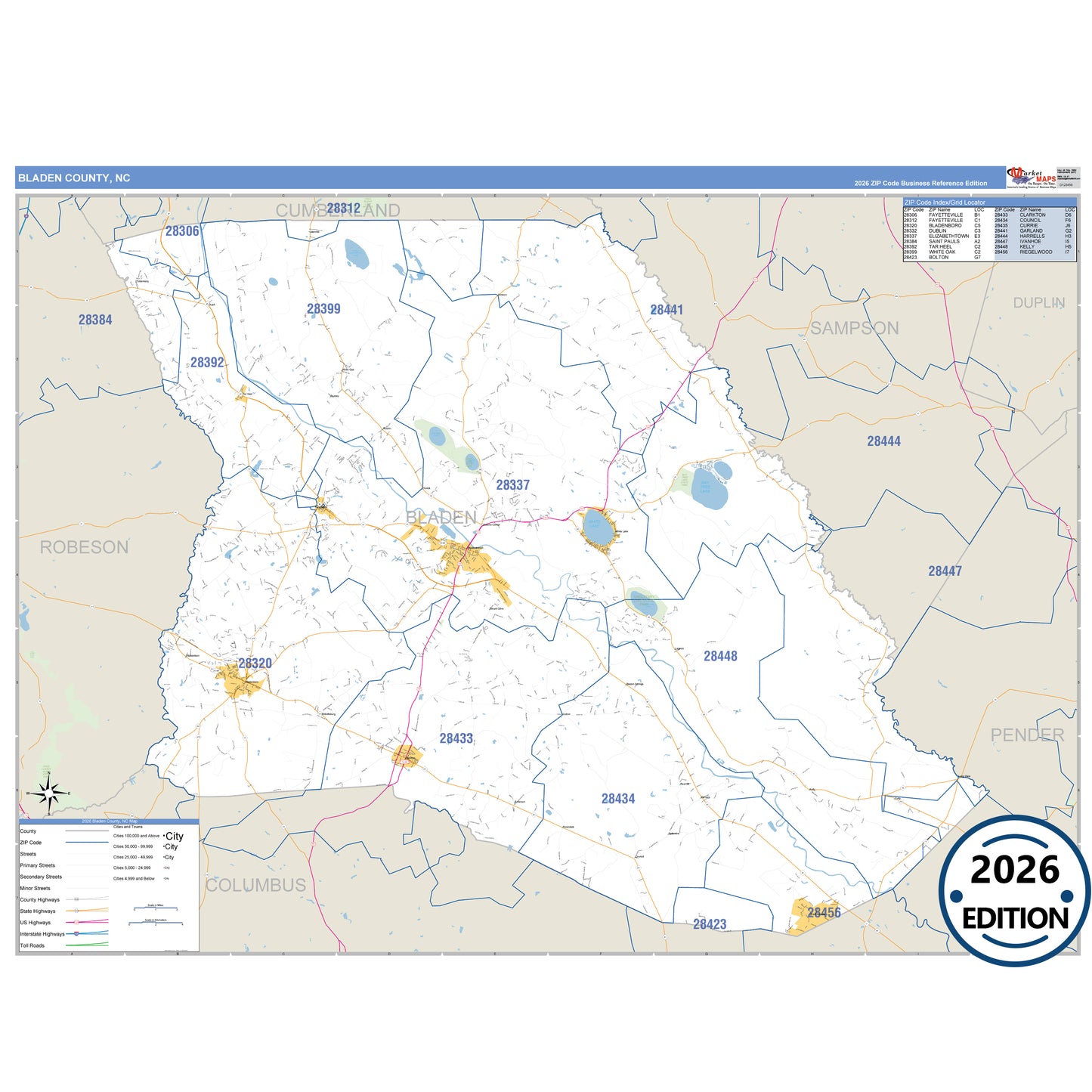 Bladen County, NC Business Reference 5 Digit ZIP Code Wall Map