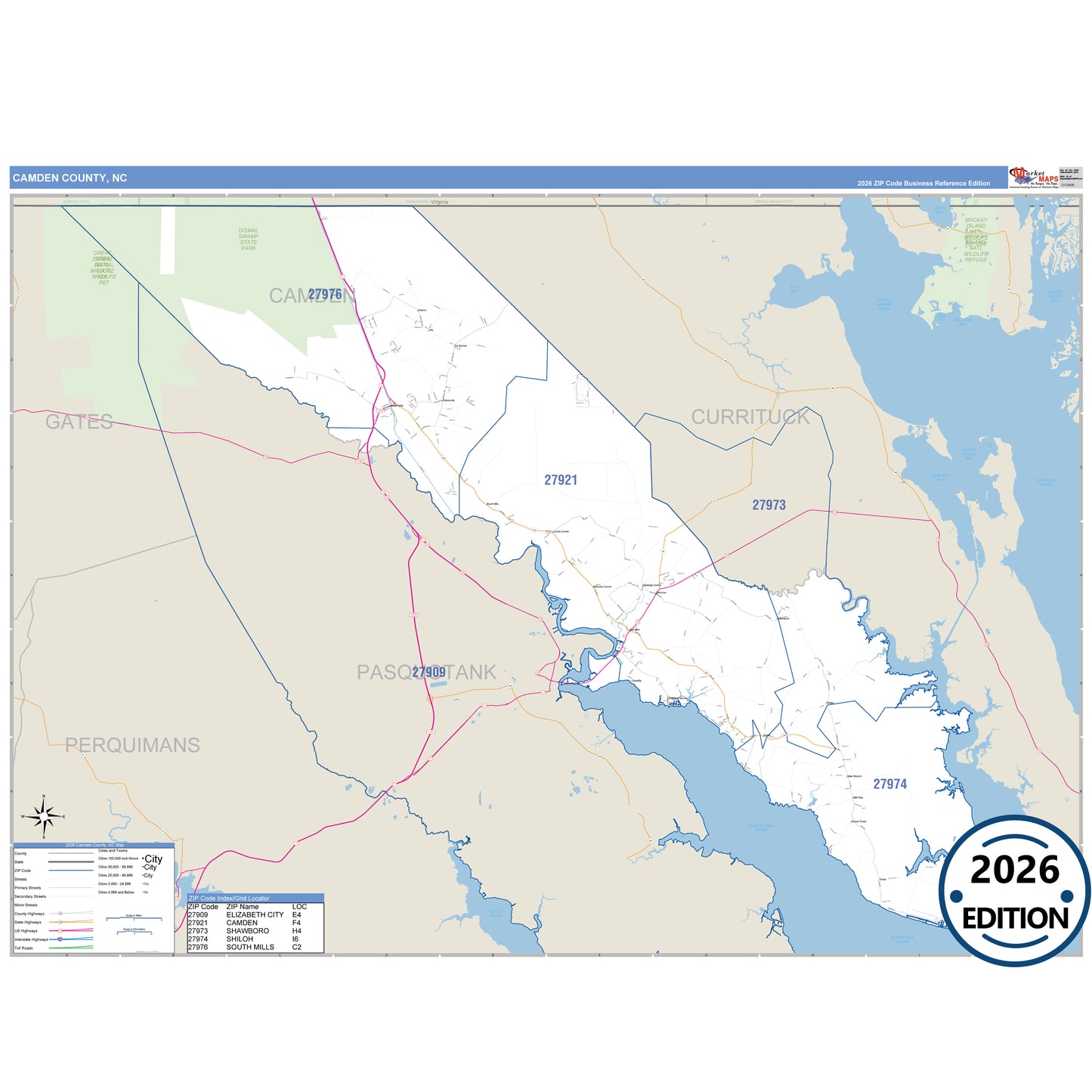Camden County, NC Business Reference 5 Digit ZIP Code Wall Map