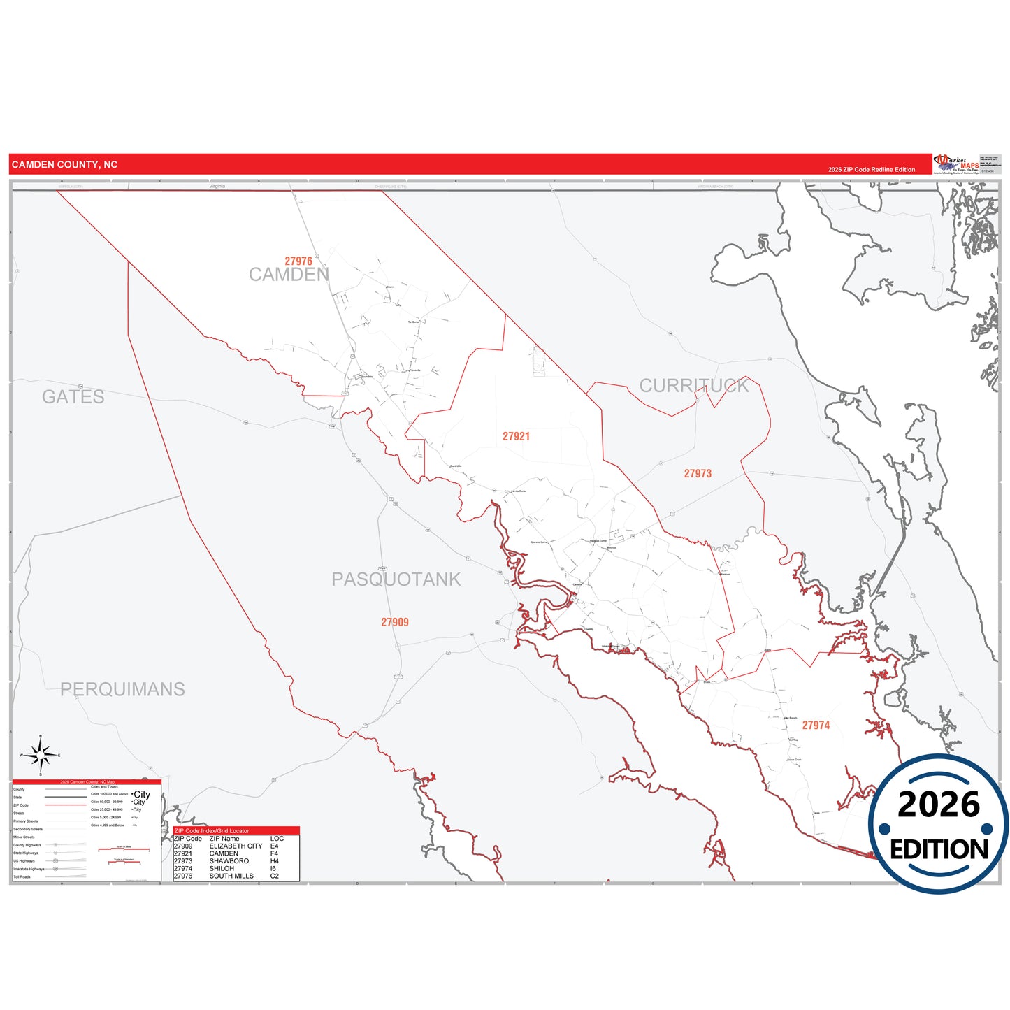 Camden County, NC Red Line 5 Digit ZIP Code Wall Map