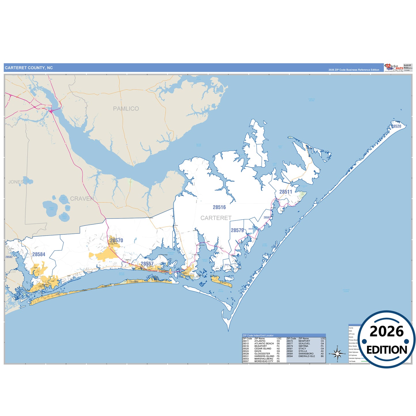 Carteret County, NC Business Reference 5 Digit ZIP Code Wall Map