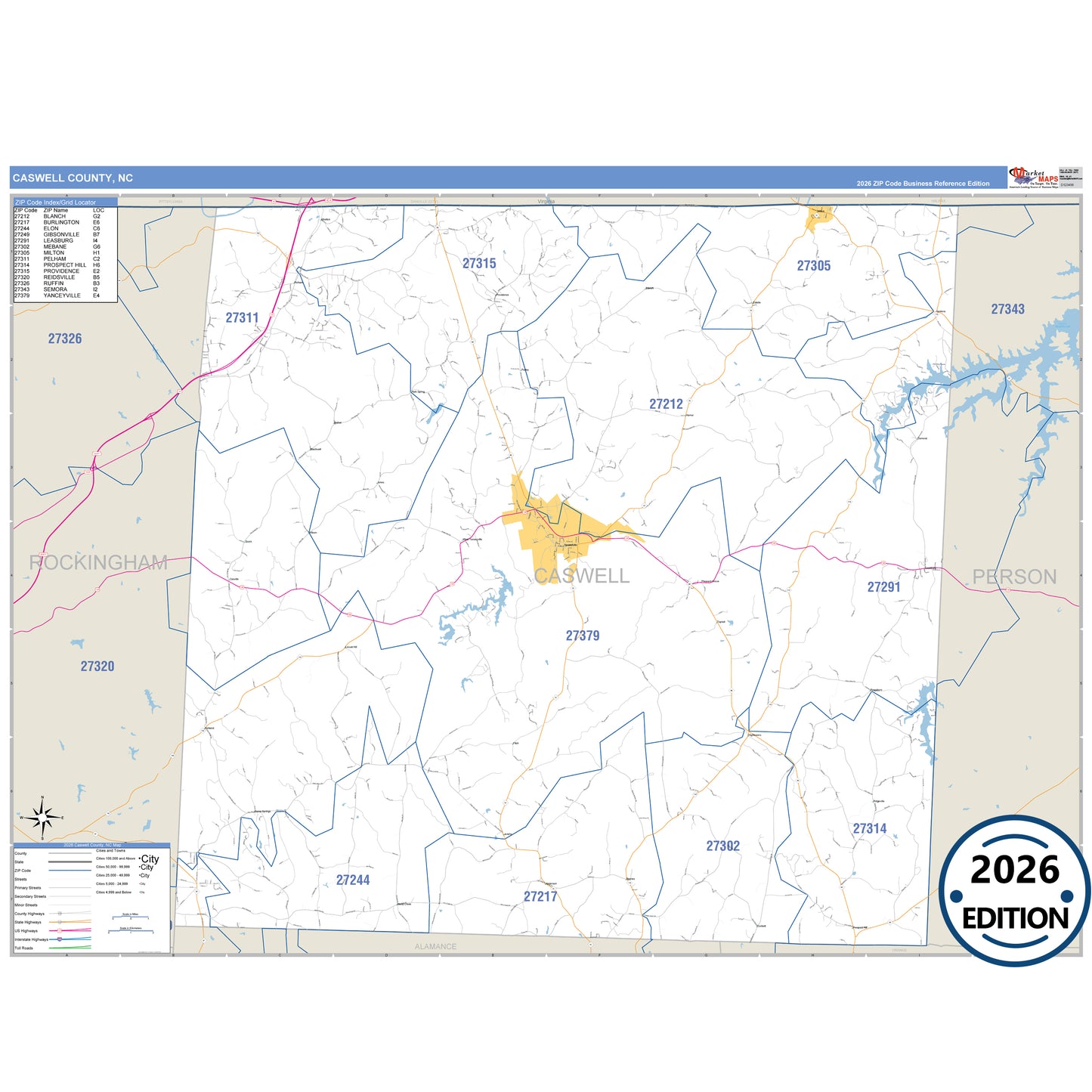 Caswell County, NC Business Reference 5 Digit ZIP Code Wall Map