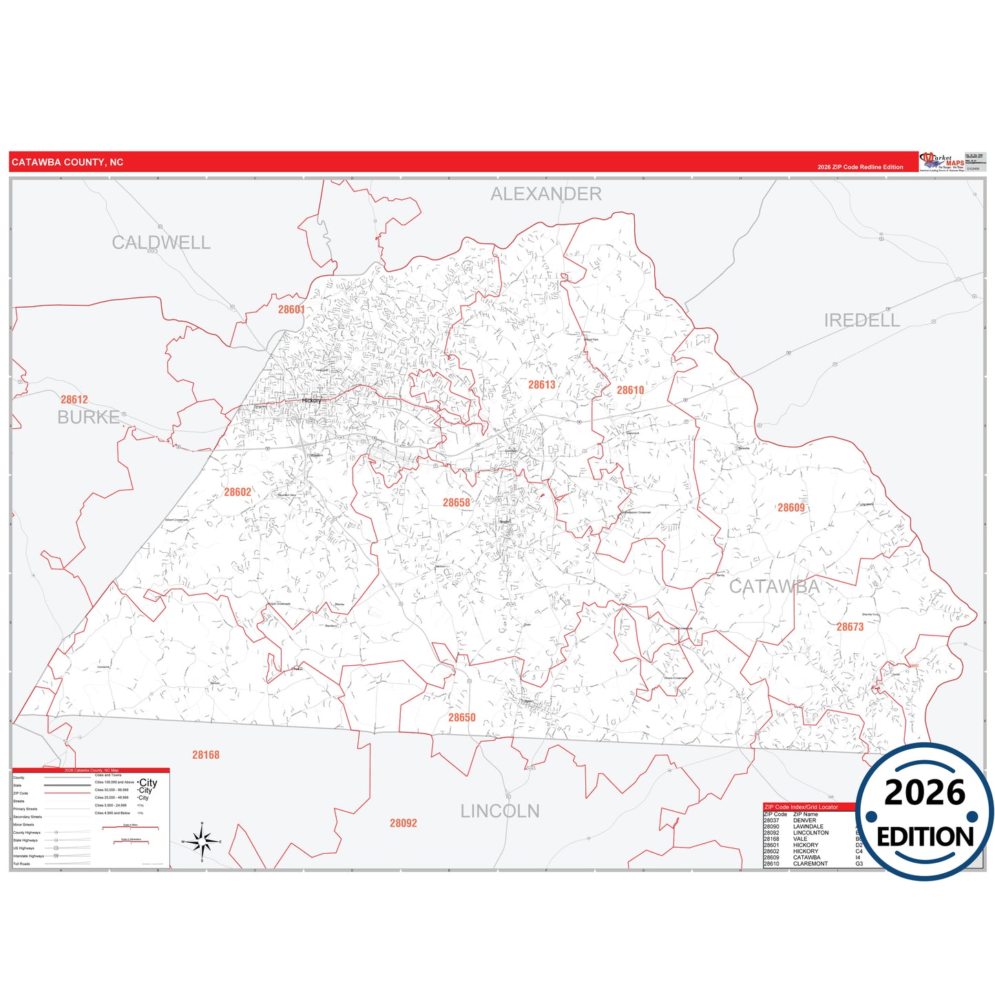 Catawba County, NC Red Line 5 Digit ZIP Code Wall Map
