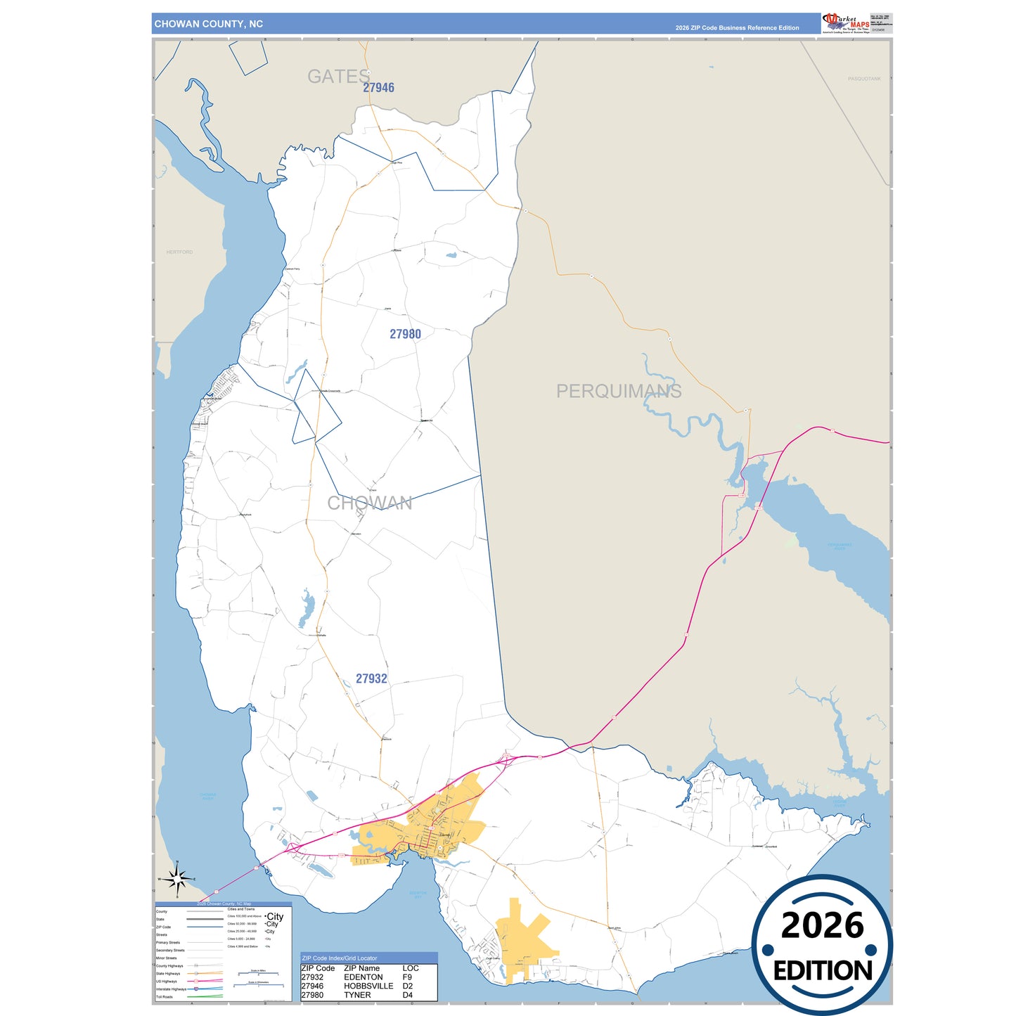 Chowan County, NC Business Reference 5 Digit ZIP Code Wall Map