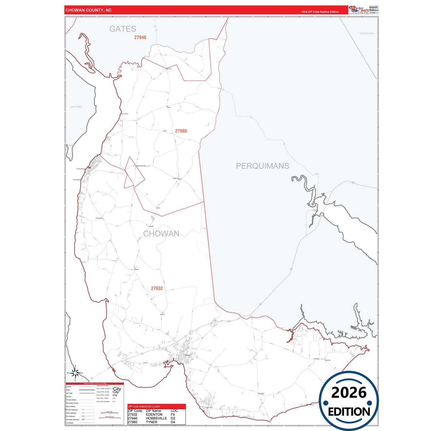 Chowan County, NC Red Line 5 Digit ZIP Code Wall Map
