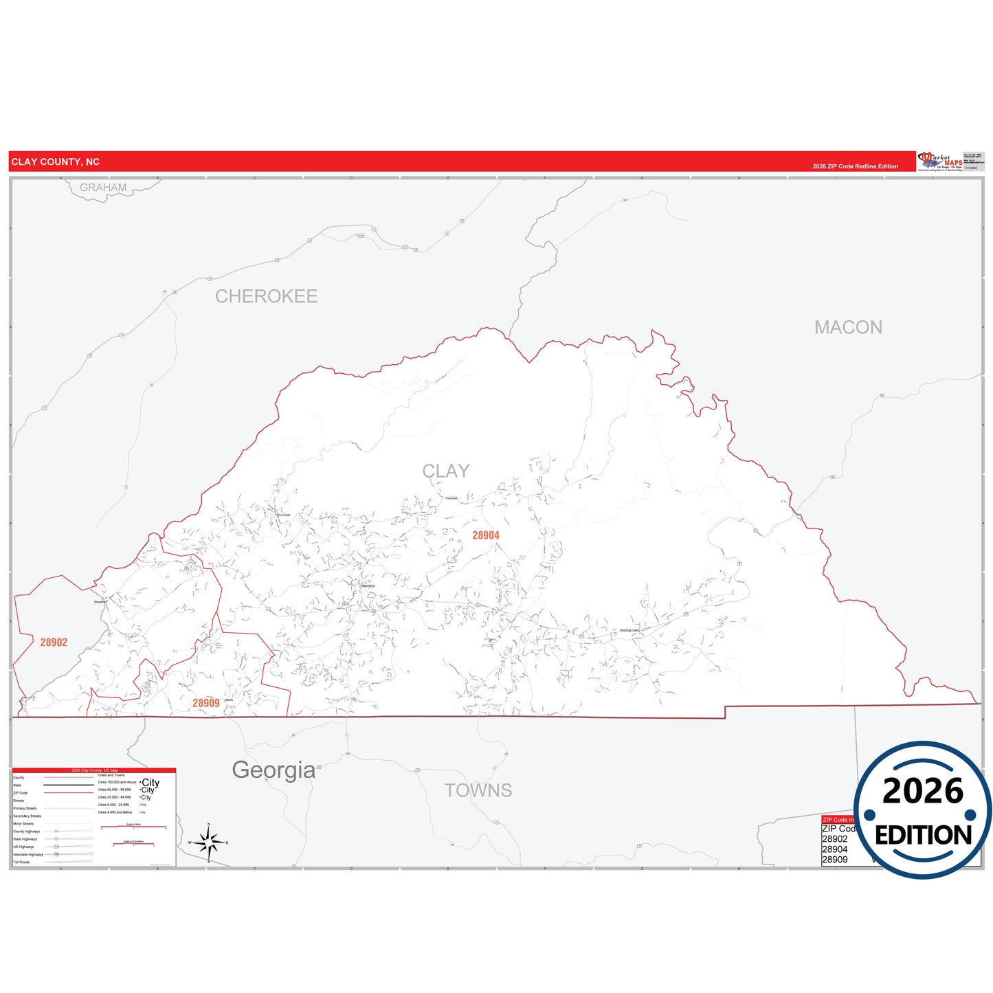 Clay County, NC Red Line 5 Digit ZIP Code Wall Map