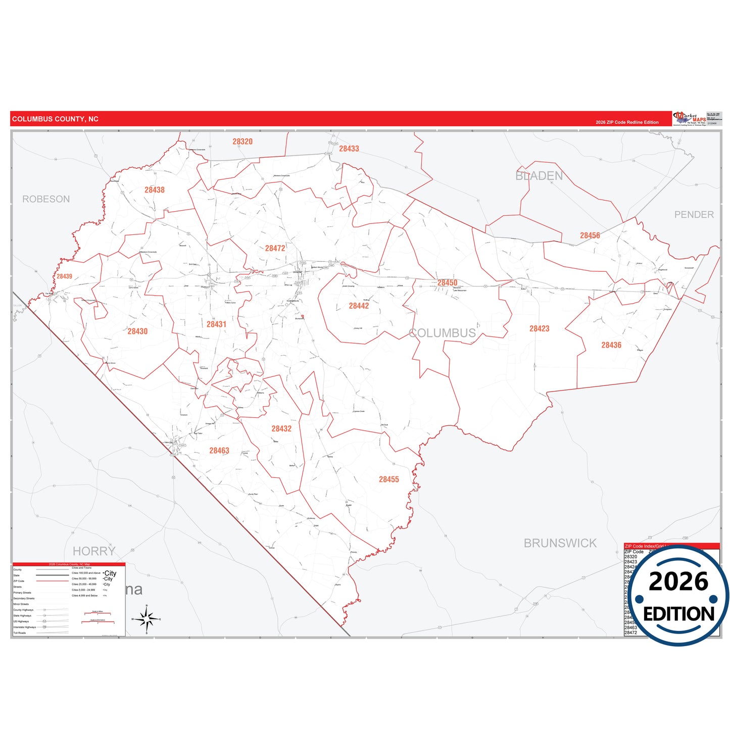 Columbus County, NC Red Line 5 Digit ZIP Code Wall Map