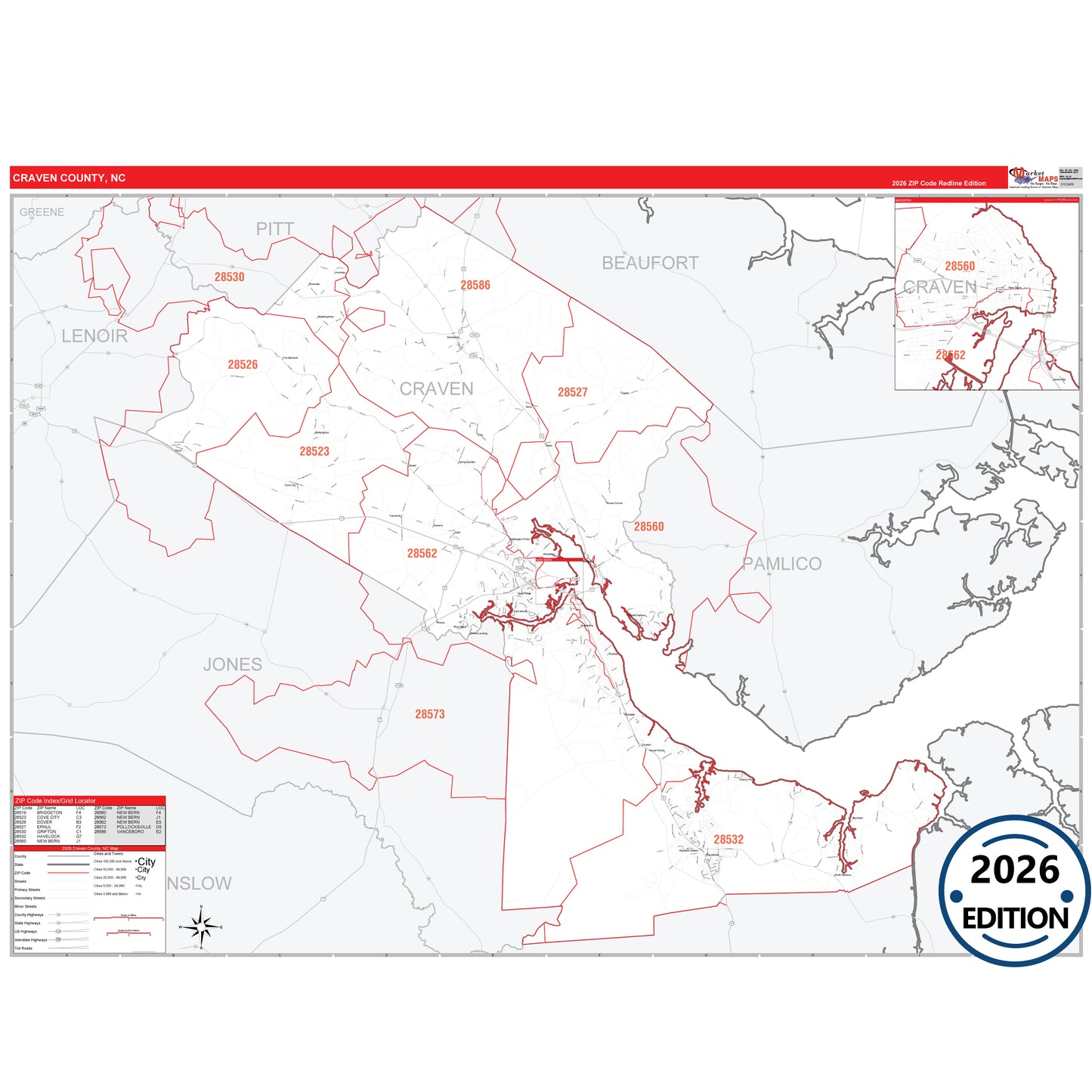 Craven County, NC Red Line 5 Digit ZIP Code Wall Map