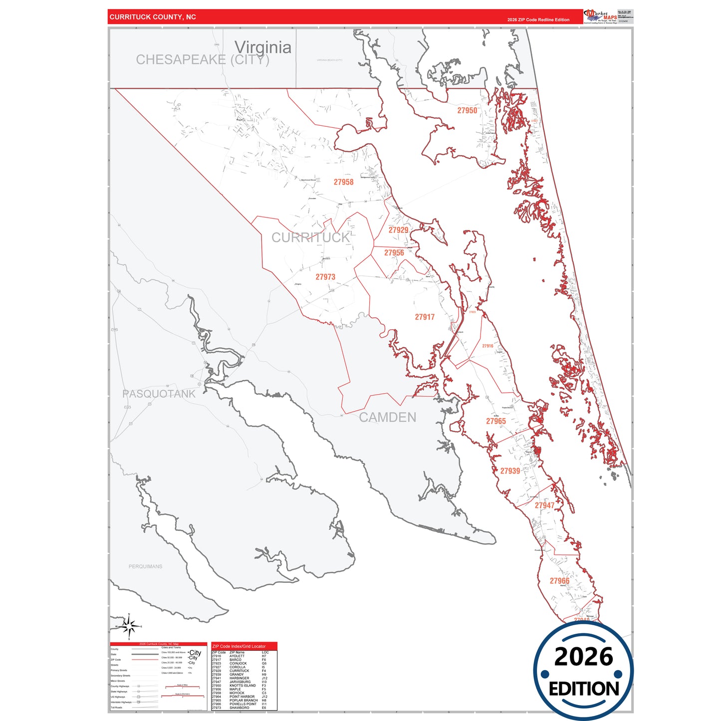Currituck County, NC Red Line 5 Digit ZIP Code Wall Map
