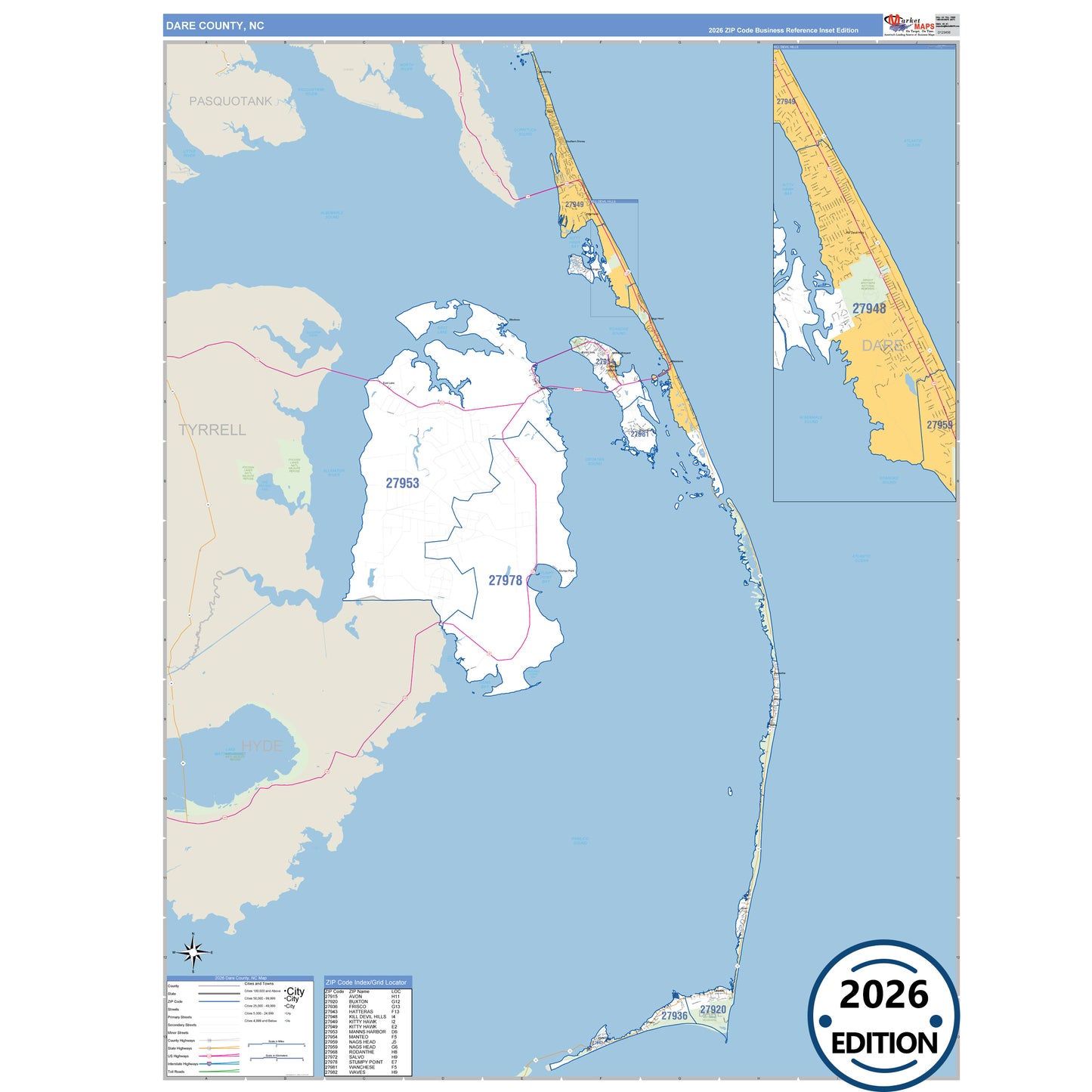 Dare County, NC Business Reference 5 Digit ZIP Code Wall Map