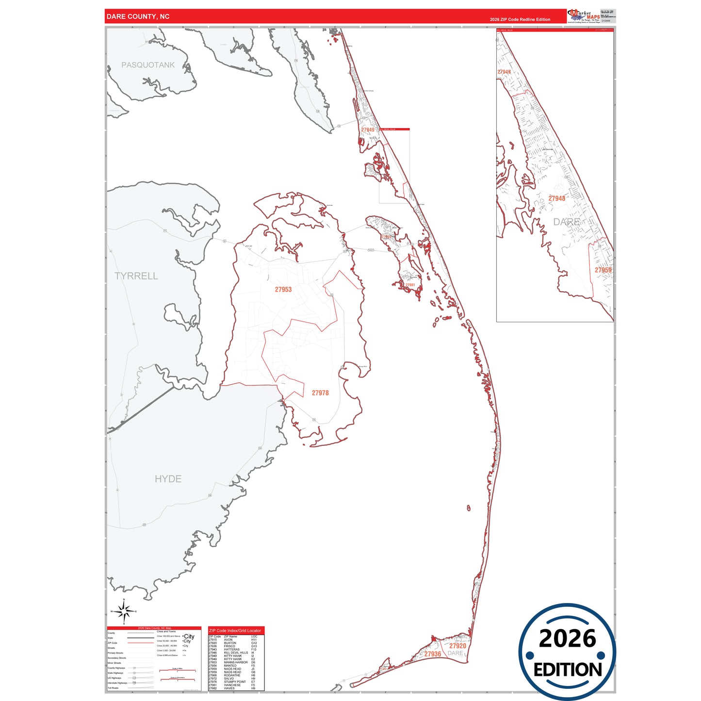 Dare County, NC Red Line 5 Digit ZIP Code Wall Map