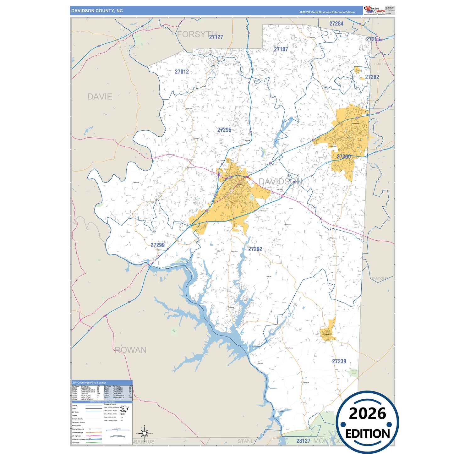 Davidson County, NC Business Reference 5 Digit ZIP Code Wall Map