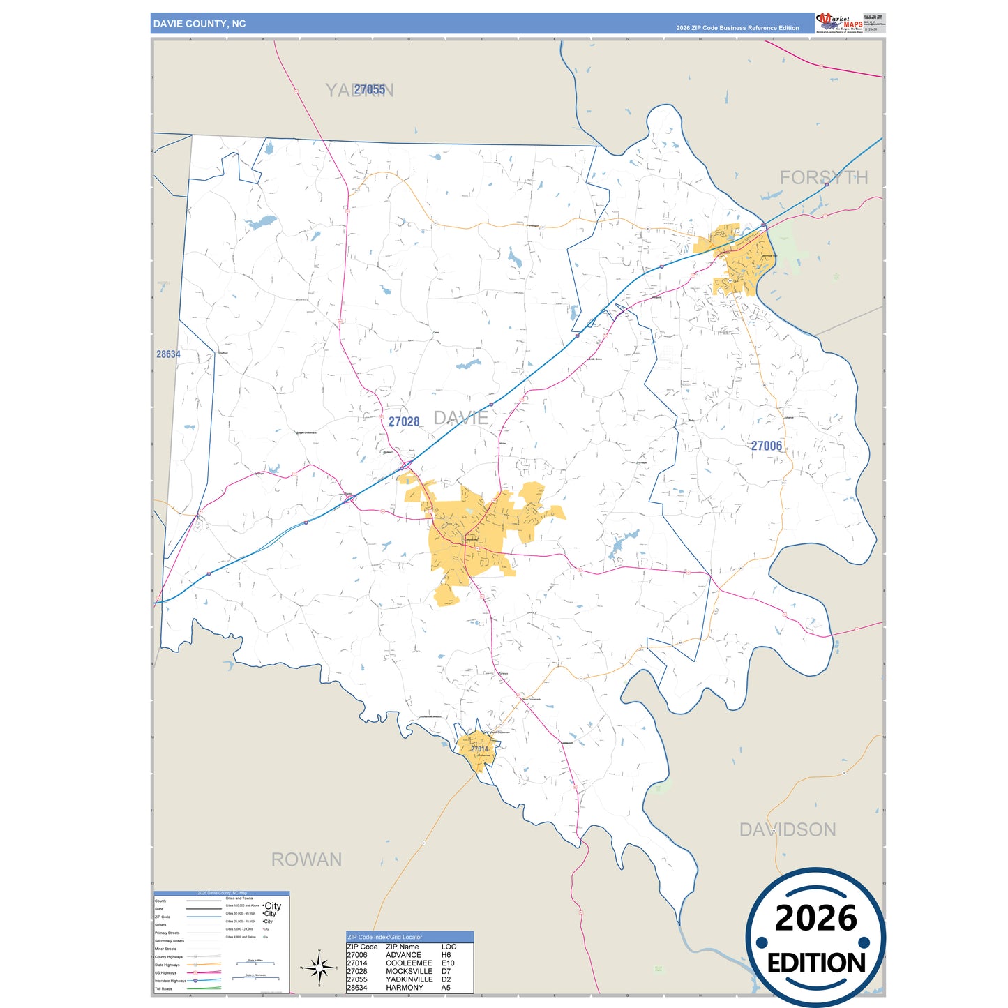 Davie County, NC Business Reference 5 Digit ZIP Code Wall Map