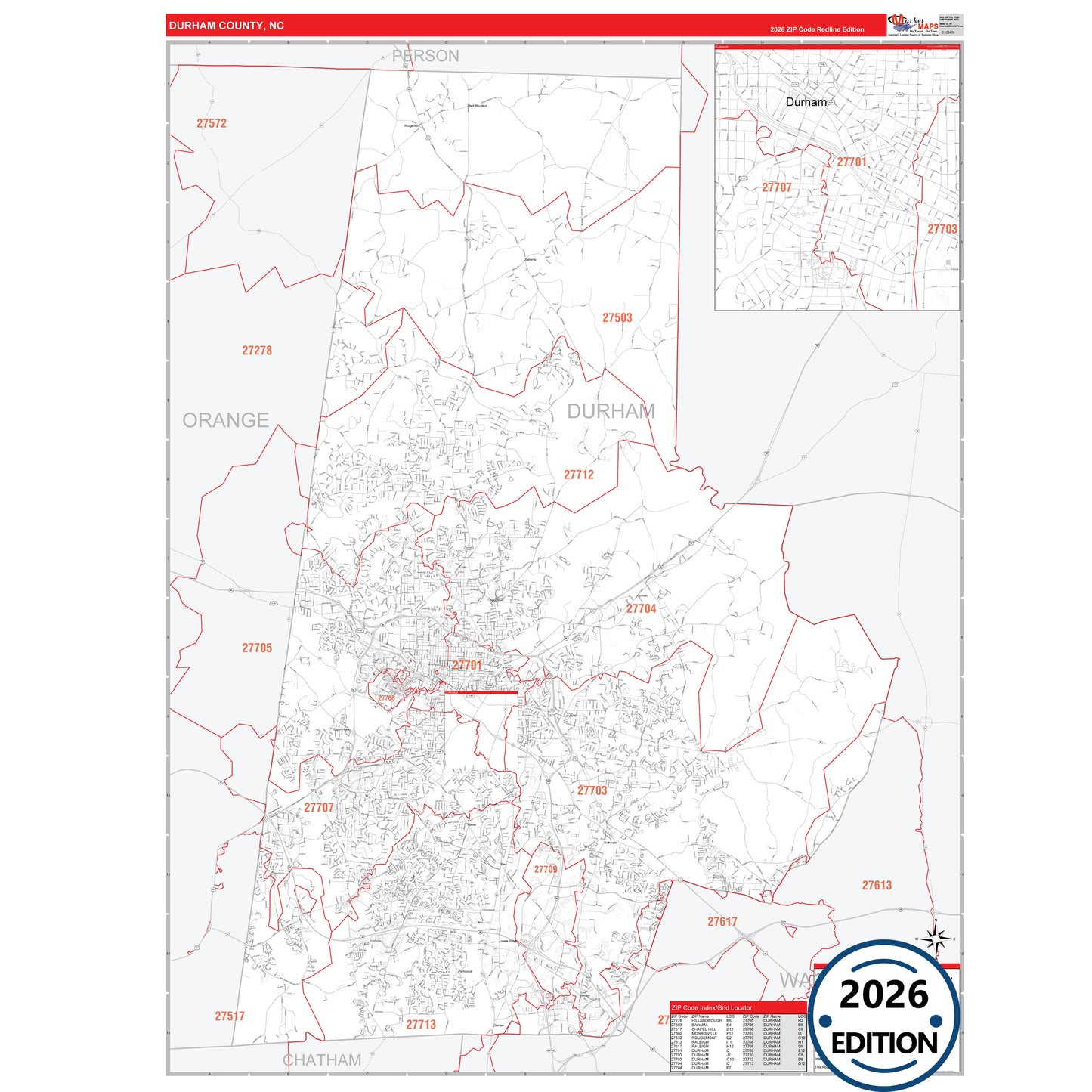 Durham County, NC Red Line 5 Digit ZIP Code Wall Map