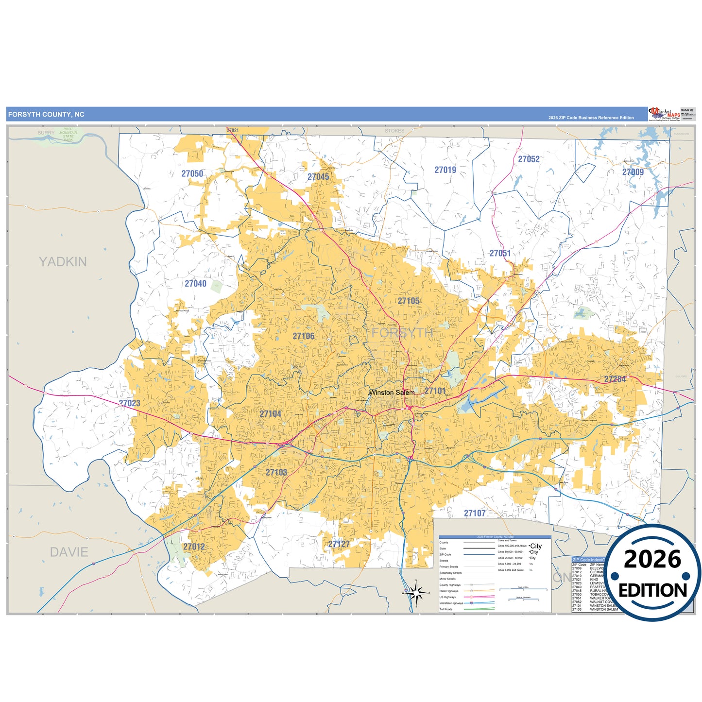 Forsyth County, NC Business Reference 5 Digit ZIP Code Wall Map