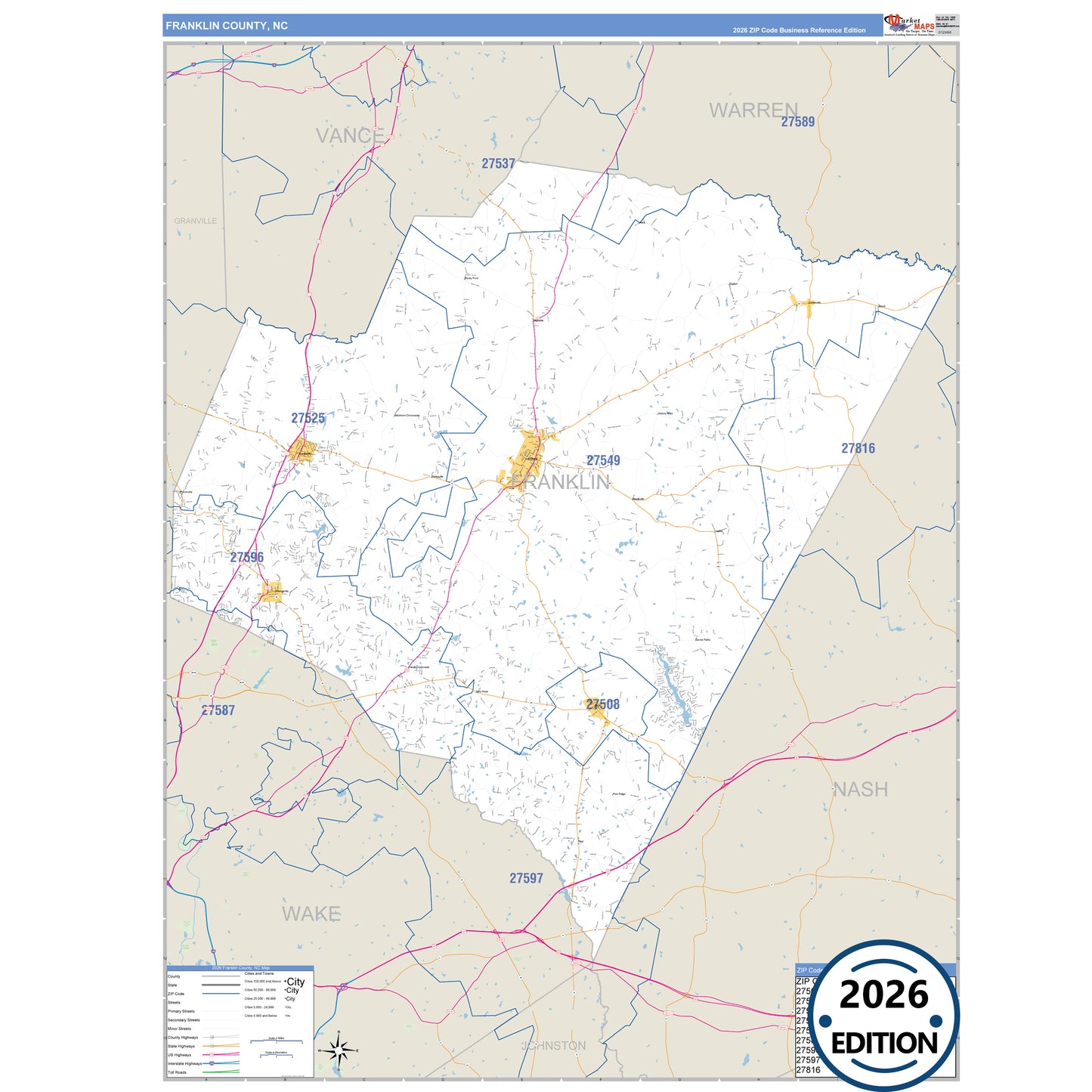 Franklin County, NC Business Reference 5 Digit ZIP Code Wall Map